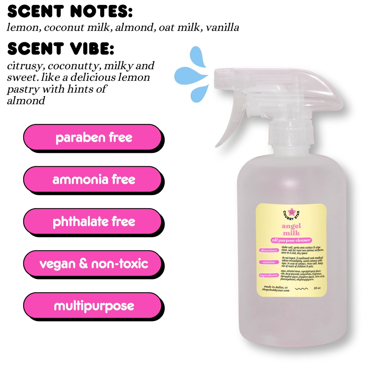 A graphic showing the viral Tiktok brand Chubby Star's amazing scented Angel Milk all purpose/ multipurpose cleaning spray that is a scent dupe of the viral Lush Super Milk scent. It is coconutty, gourmand, lemony and delicious