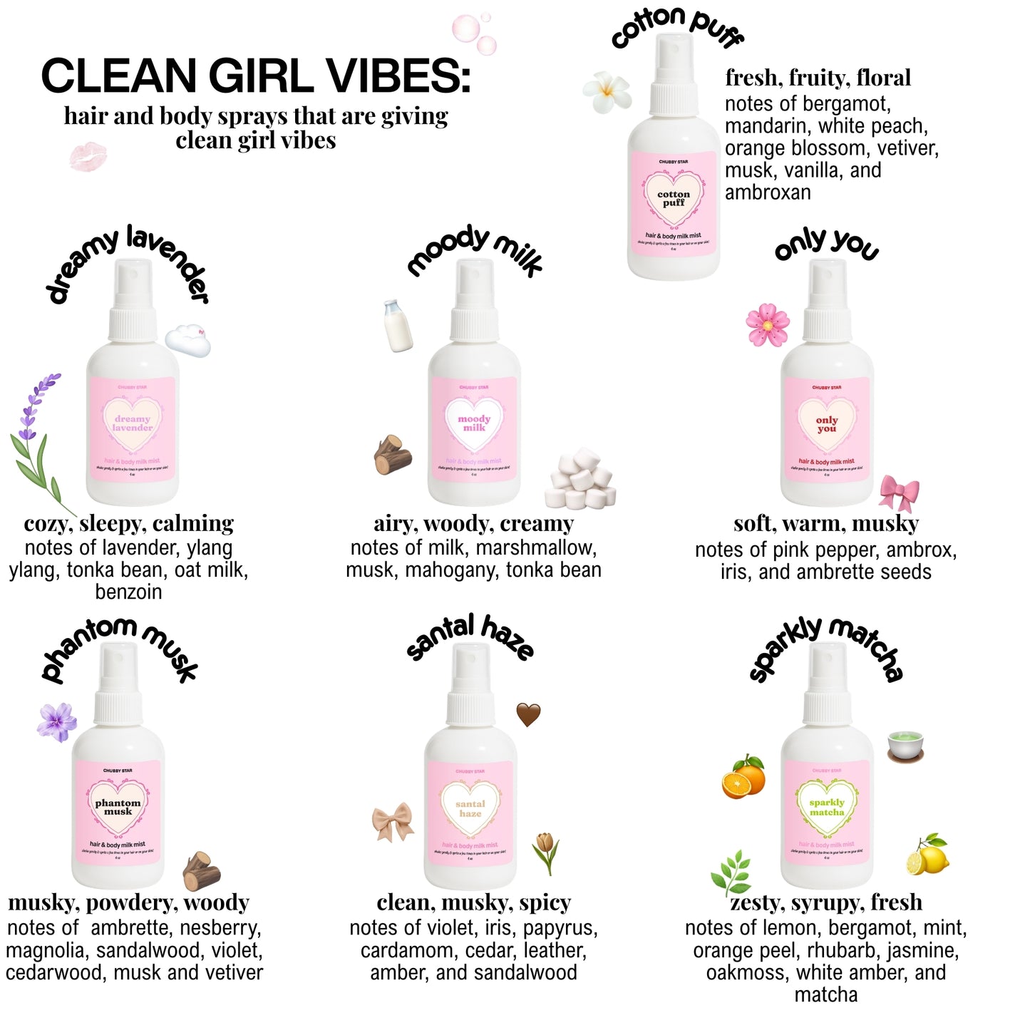 Clean girl collection of hair and body sprays with product names and descriptions on a white background