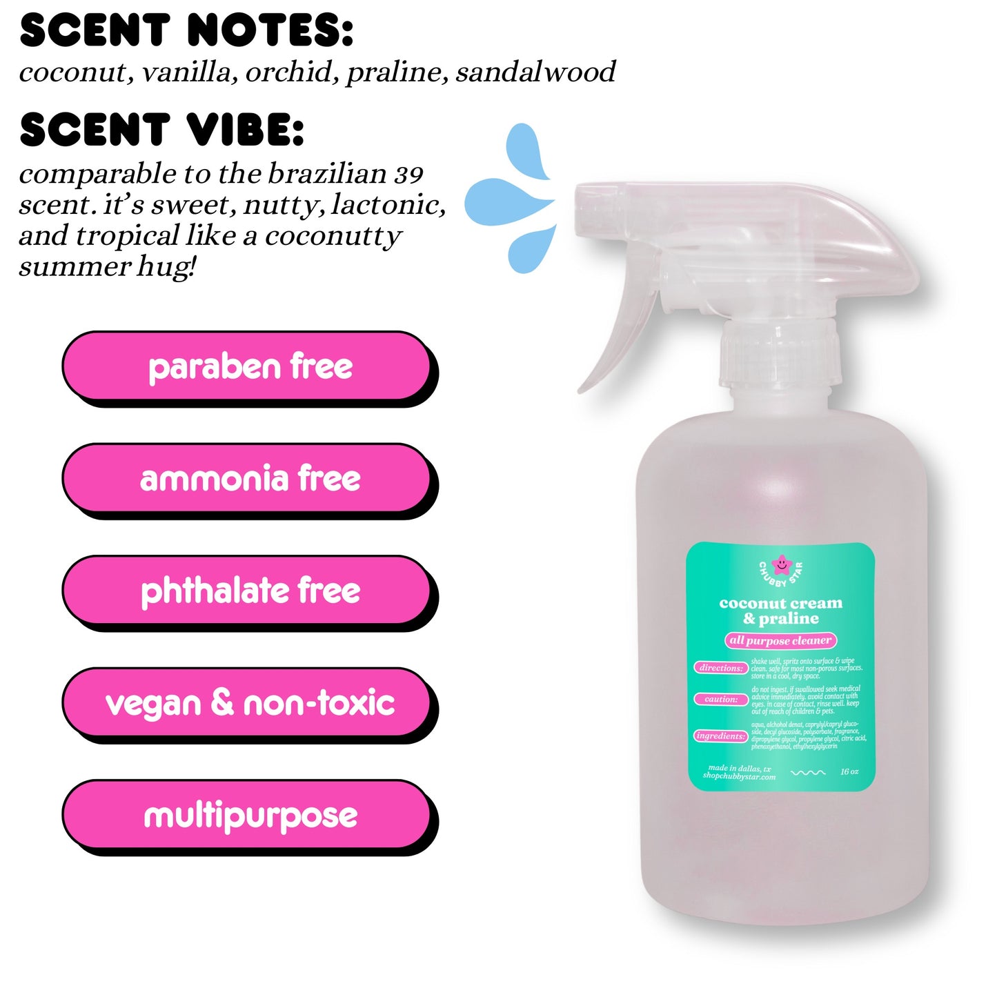 A graphic showing the viral Tiktok brand Chubby Star's amazing scented Coconut Cream & Praline all purpose/ multipurpose cleaning spray that is a scent dupe of the viral SDJ brazilian cheirosa #39 scent