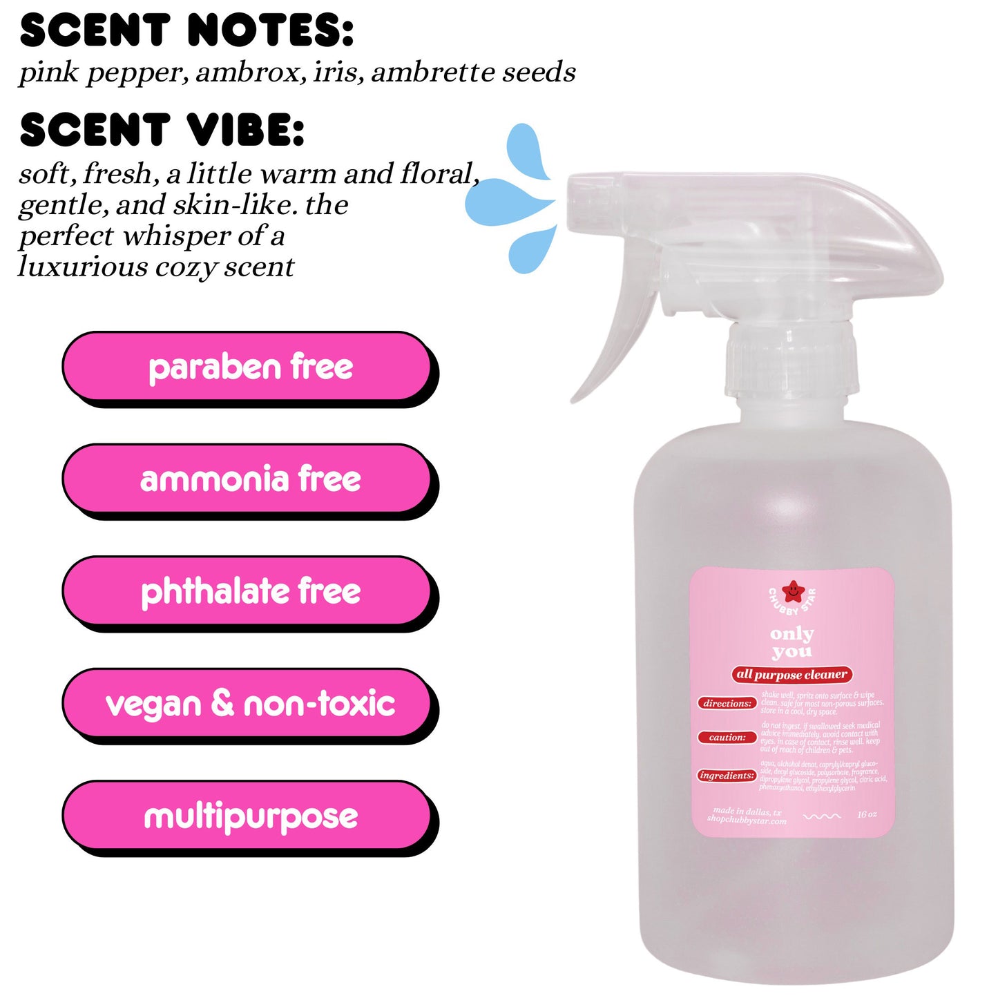 A graphic showing the viral Tiktok brand Chubby Star's amazing scented Only You all purpose/ multipurpose cleaning spray that is a scent dupe of the viral Glossier You scent. It is a soft floral, gentle skin like cozy scent