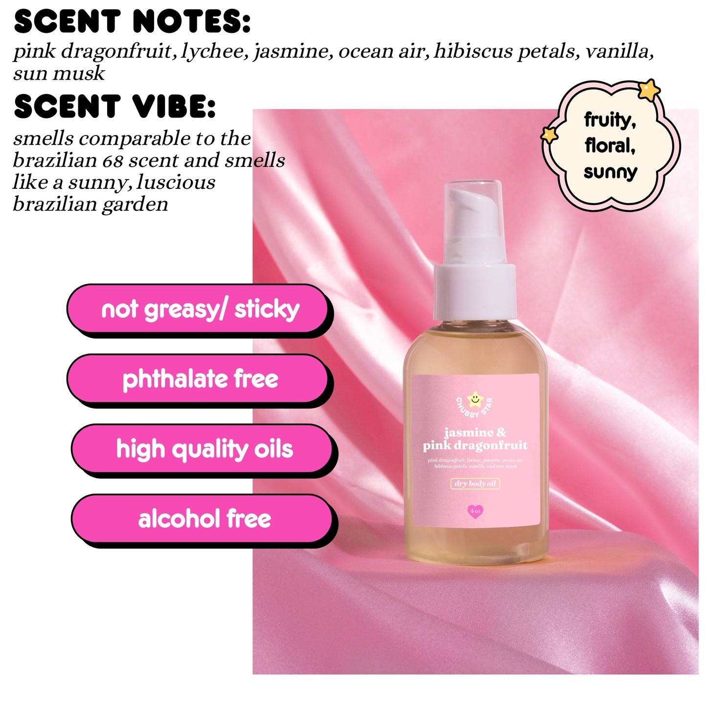 Bottle of Jasmine & Pink Dragonfruit body oil with scent notes and benefits on a pink background