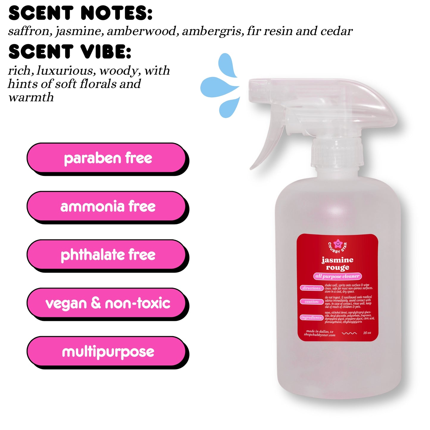 A graphic showing the viral Tiktok brand Chubby Star's amazing scented Jasmine Rouge all purpose/ multipurpose cleaning spray that is a scent dupe of the viral MFK baccarat rouge 540 scent. It smells rich, luxurious and woody with soft floral notes