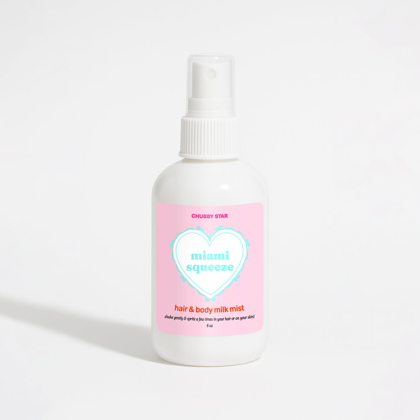A white plastic spray bottle of Chubby Star Miami Squeeze Miami Nectar scented hair & body milk spray with a pink label, set against a plain white background.