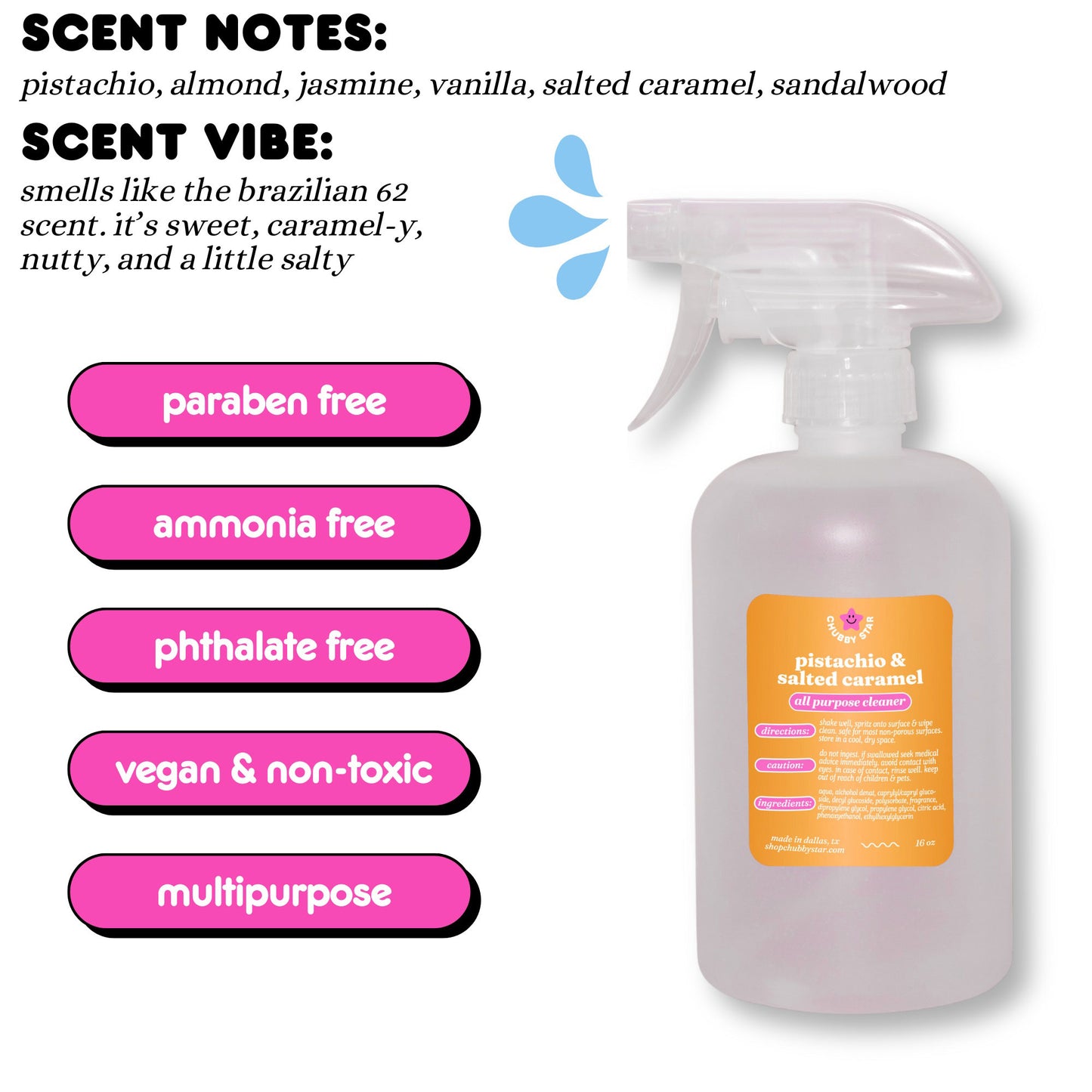 A graphic showing the viral Tiktok brand Chubby Star's amazing scented Pistachio & Salted Caramel all purpose/ multipurpose cleaning spray that is a scent dupe of the viral SDJ brazilian cheirosa 62 bum bm cream scent