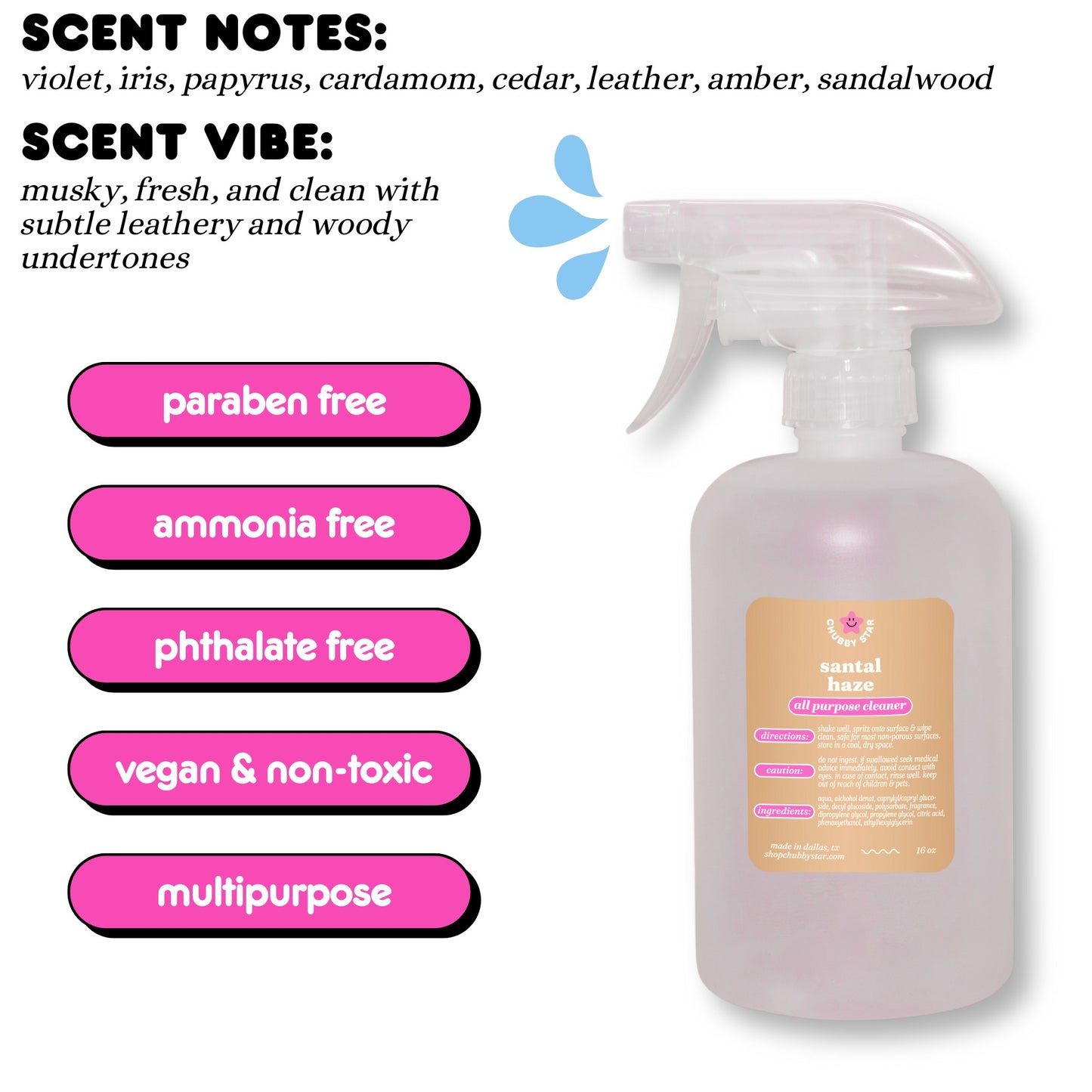 A graphic showing the viral Tiktok brand Chubby Star's amazing scented Santal Haze all purpose/ multipurpose cleaning spray that is a scent dupe of the viral le labo santal 33 scent