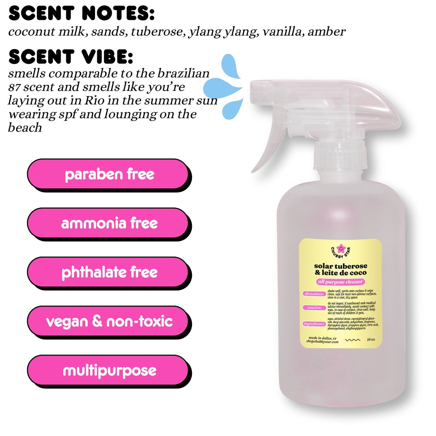 A graphic showing the viral Tiktok brand Chubby Star's amazing scented solar tuberose & leite de coco all purpose/ multipurpose cleaning spray that is a scent dupe of the viral SDJ brazilian cheirosa 87 rio radiance scent that smells like coconut milk, a little floral, sweet with vanilla, and has a distinct summery spf beachy scent