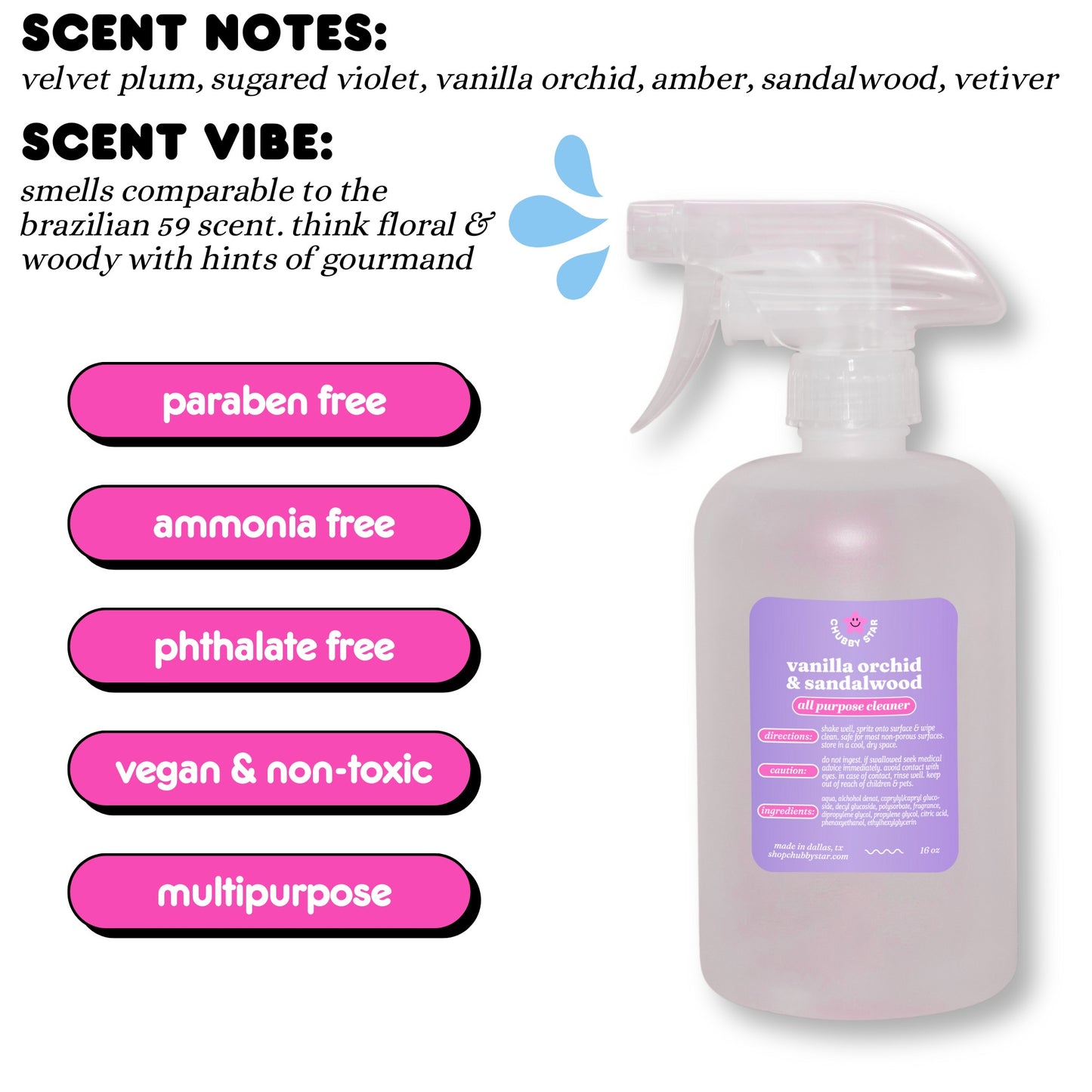 A graphic showing the viral Tiktok brand Chubby Star's amazing scented Vanilla Orchid & Sandalwood all purpose/ multipurpose cleaning spray that is a scent dupe of the viral SDJ brazilian cheirosa #59 scent that smells woody, gourmand and floral with notes of plum, violet, vanilla, orchid, sandalwood and more