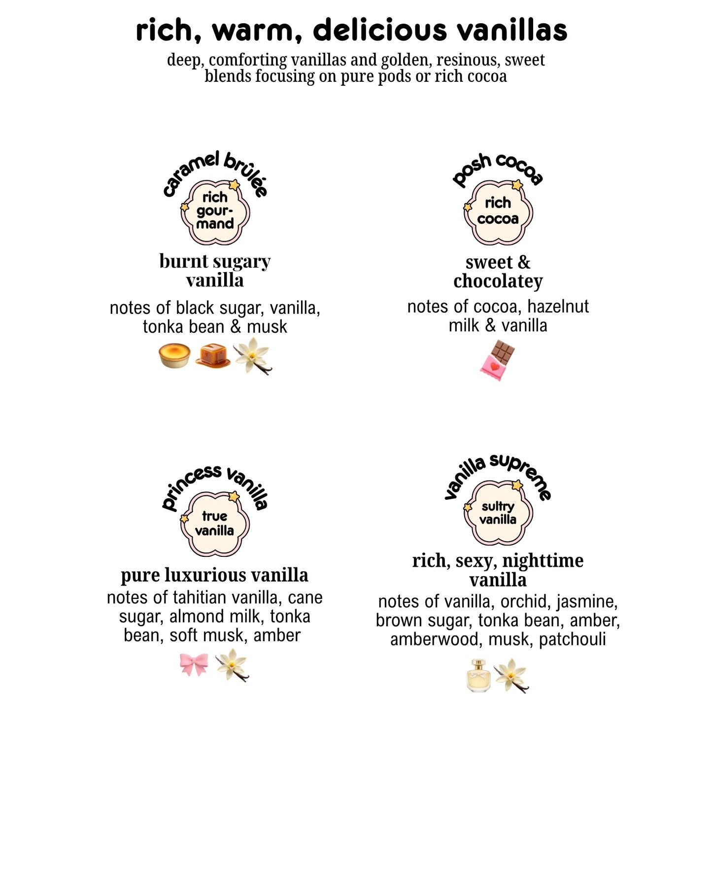 an image with different scents by chubby star that fall under the rich, warm, and delicious vanillas scent category
