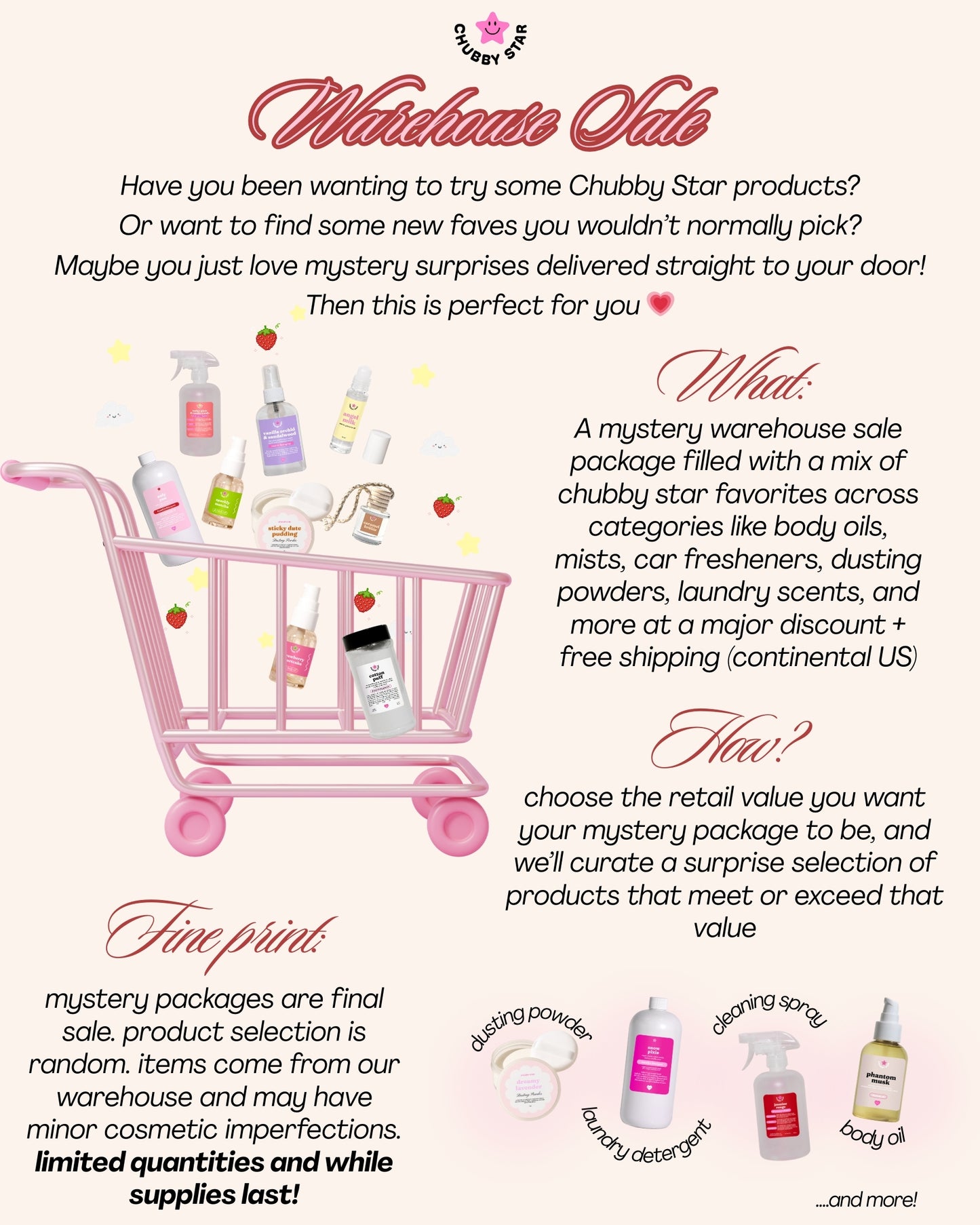 Promotional flyer for Chubby Star mystery warehouse sale package with a pink shopping cart and product images.
