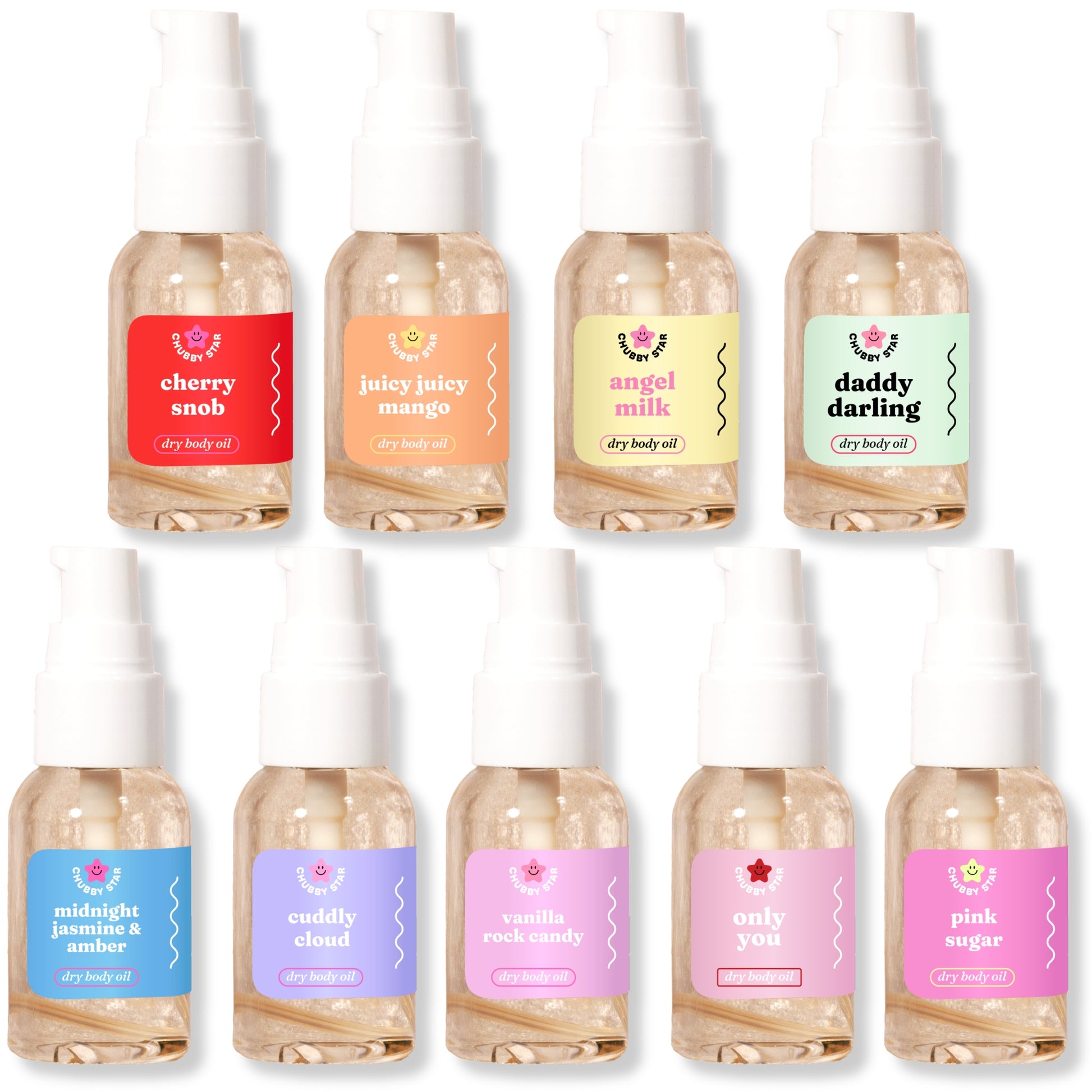 Set of 1 oz scented dry body oil mini bottles with colorful labels on a white background