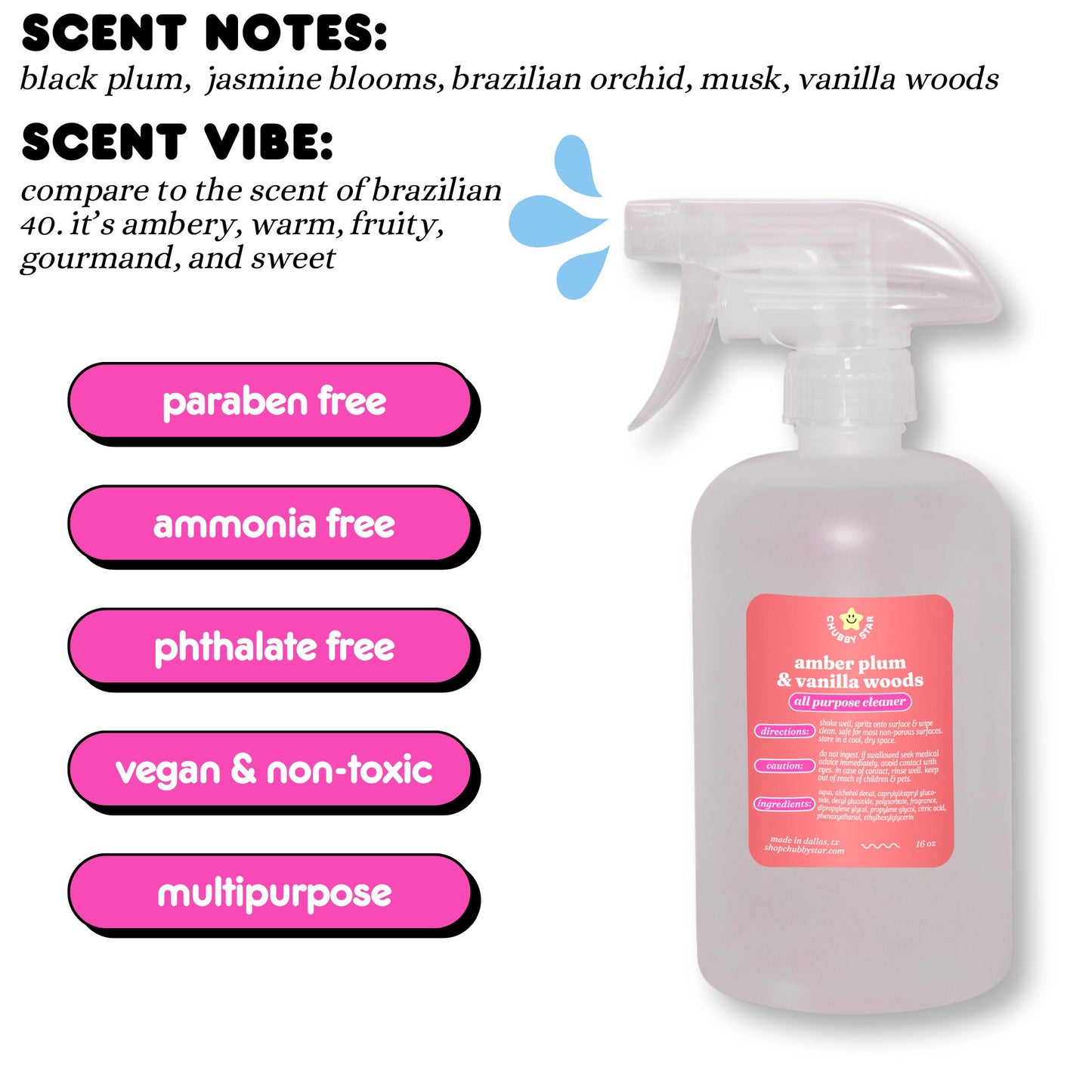 A graphic showing the viral Tiktok brand Chubby Star's amazing scented Amber Plum & Vanilla Woods all purpose/ multipurpose cleaning spray that is a scent dupe of the viral SDJ brazilian cheirosa #40 scent