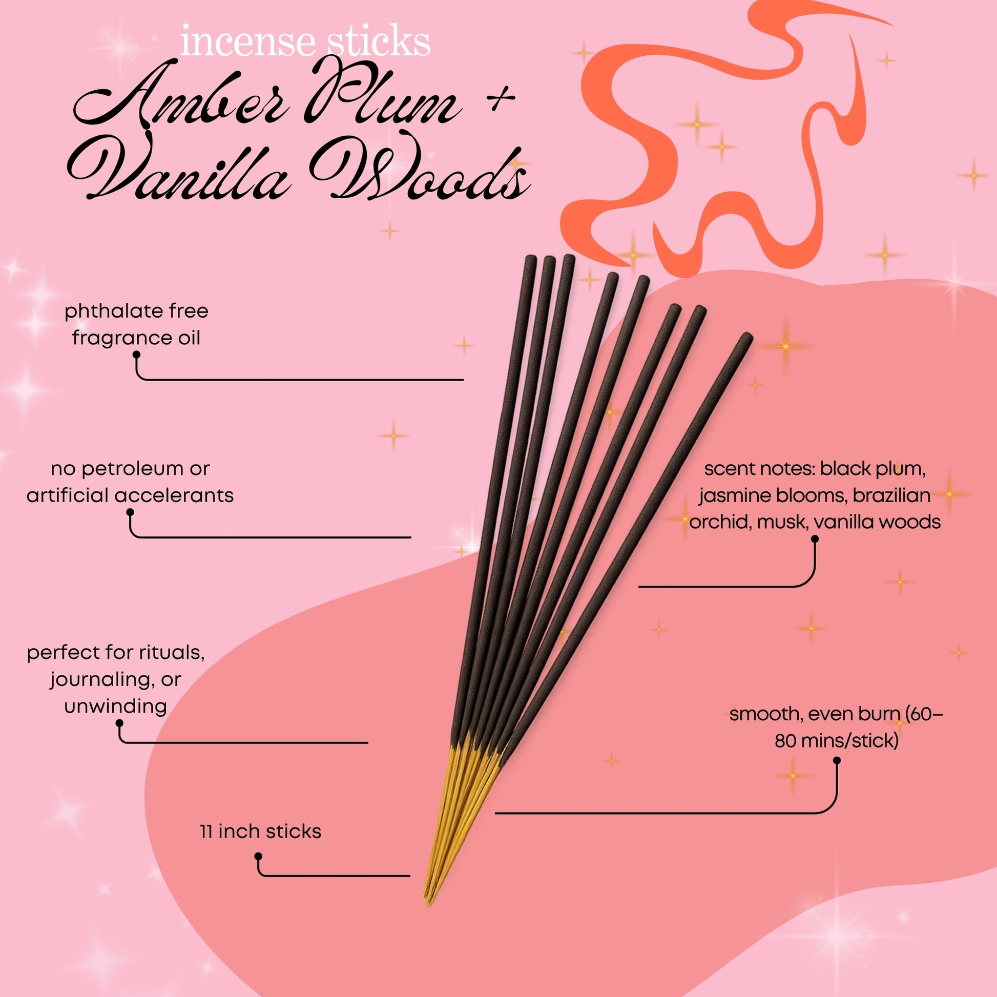 SDJ 40 dupe amber plum vanilla woods scented incense sticks with product details on a pink background, made by Chubby Star