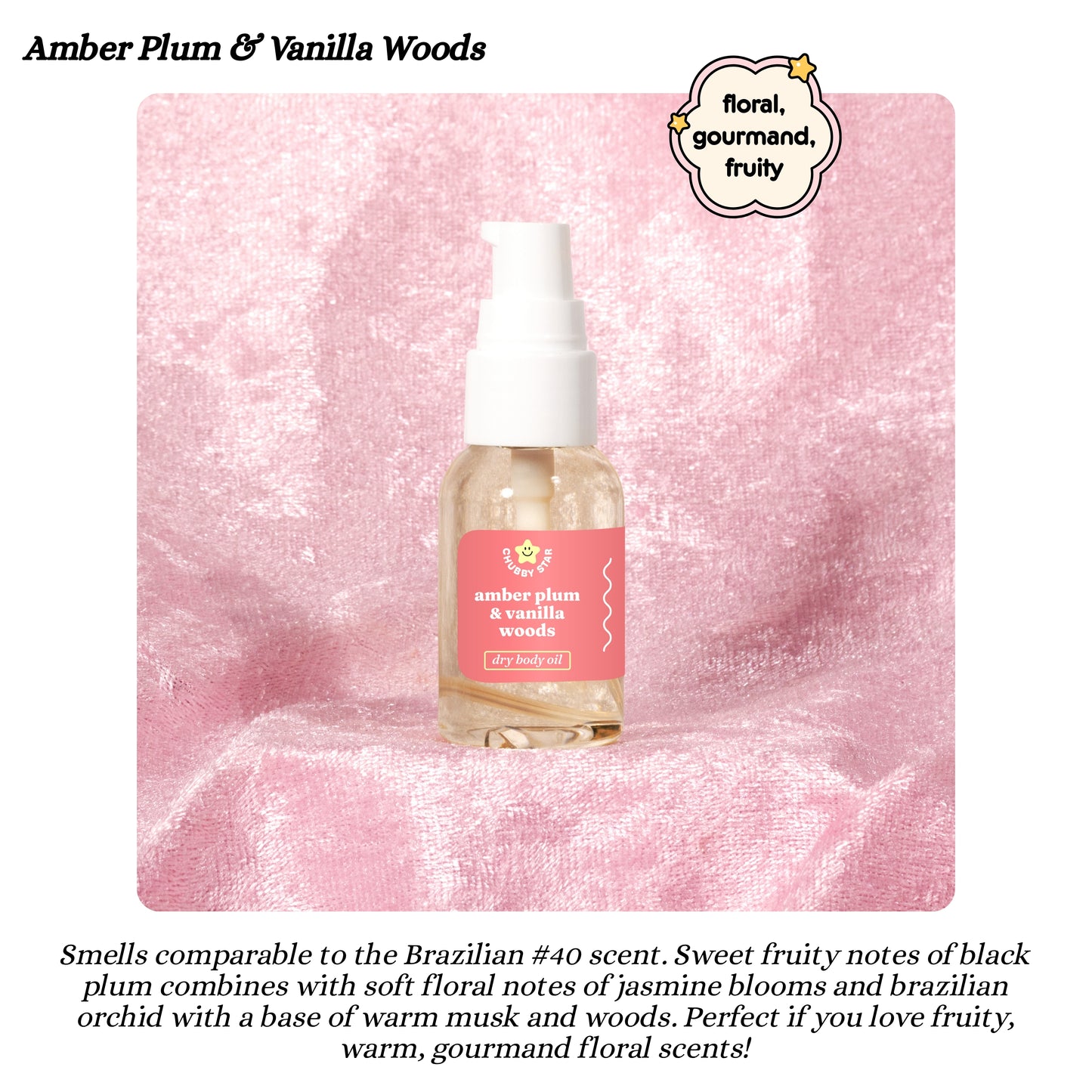 Bottle of Amber Plum & Vanilla Woods perfume on a pink textured background