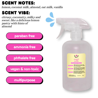 A graphic showing the viral Tiktok brand Chubby Star's amazing scented Angel Milk all purpose/ multipurpose cleaning spray that is a scent dupe of the viral Lush Super Milk scent. It is coconutty, gourmand, lemony and delicious