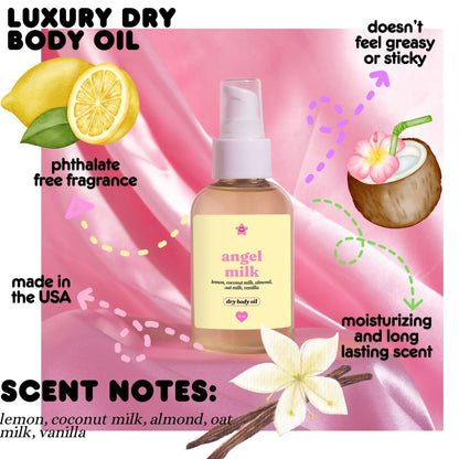 angel milk scented body oil on a white background with scent desciptions