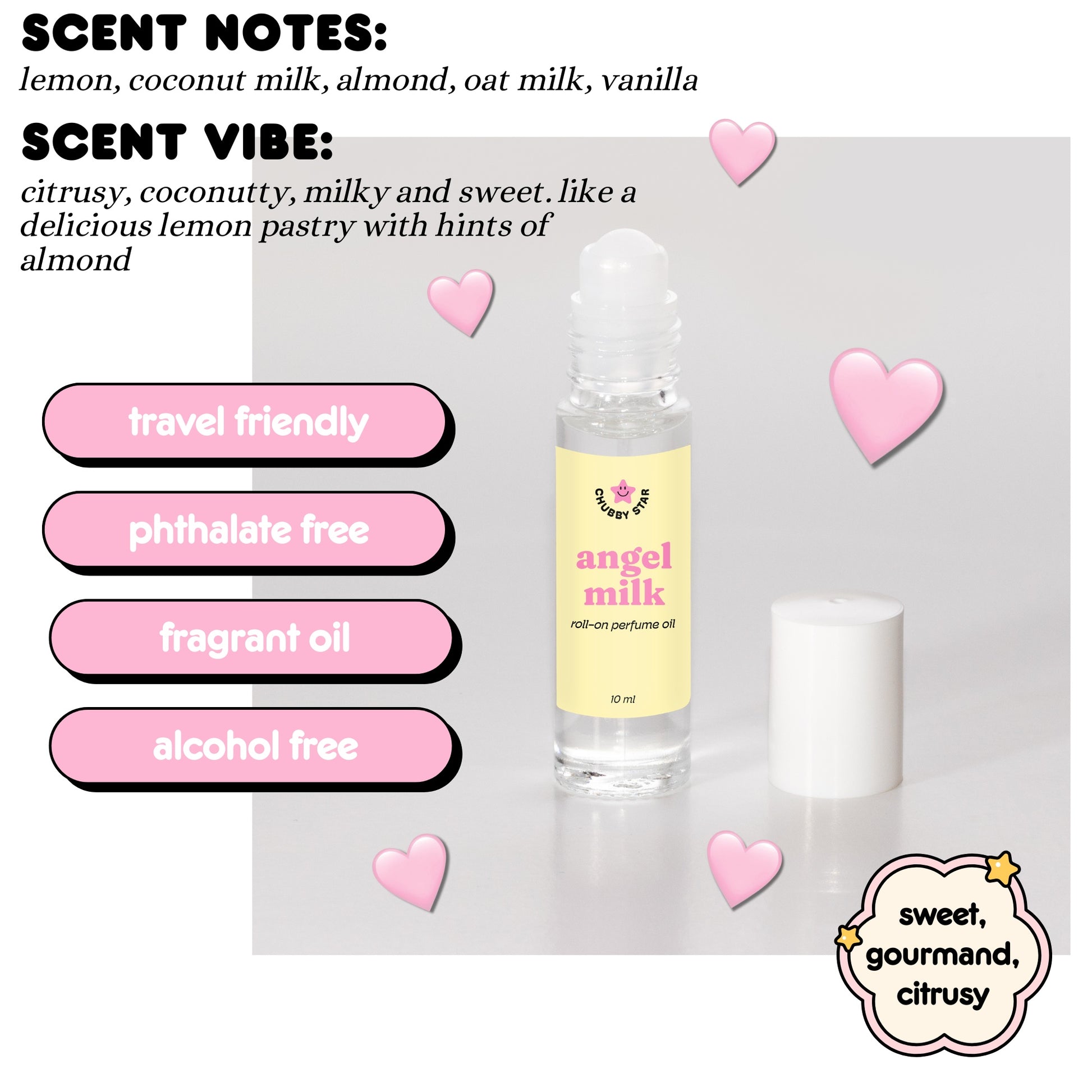 Roll-on perfume bottle labeled 'angel milk' with scent notes and vibe description on a light gray background.