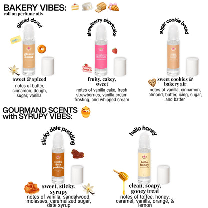 Bakery and gourmand scented perfume oils with names and descriptions on a white background