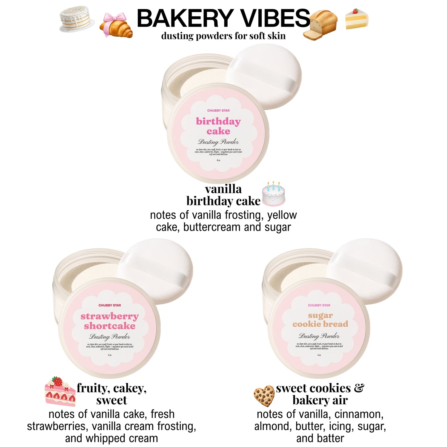 Three containers of body dusting powder with scented notes on a white background