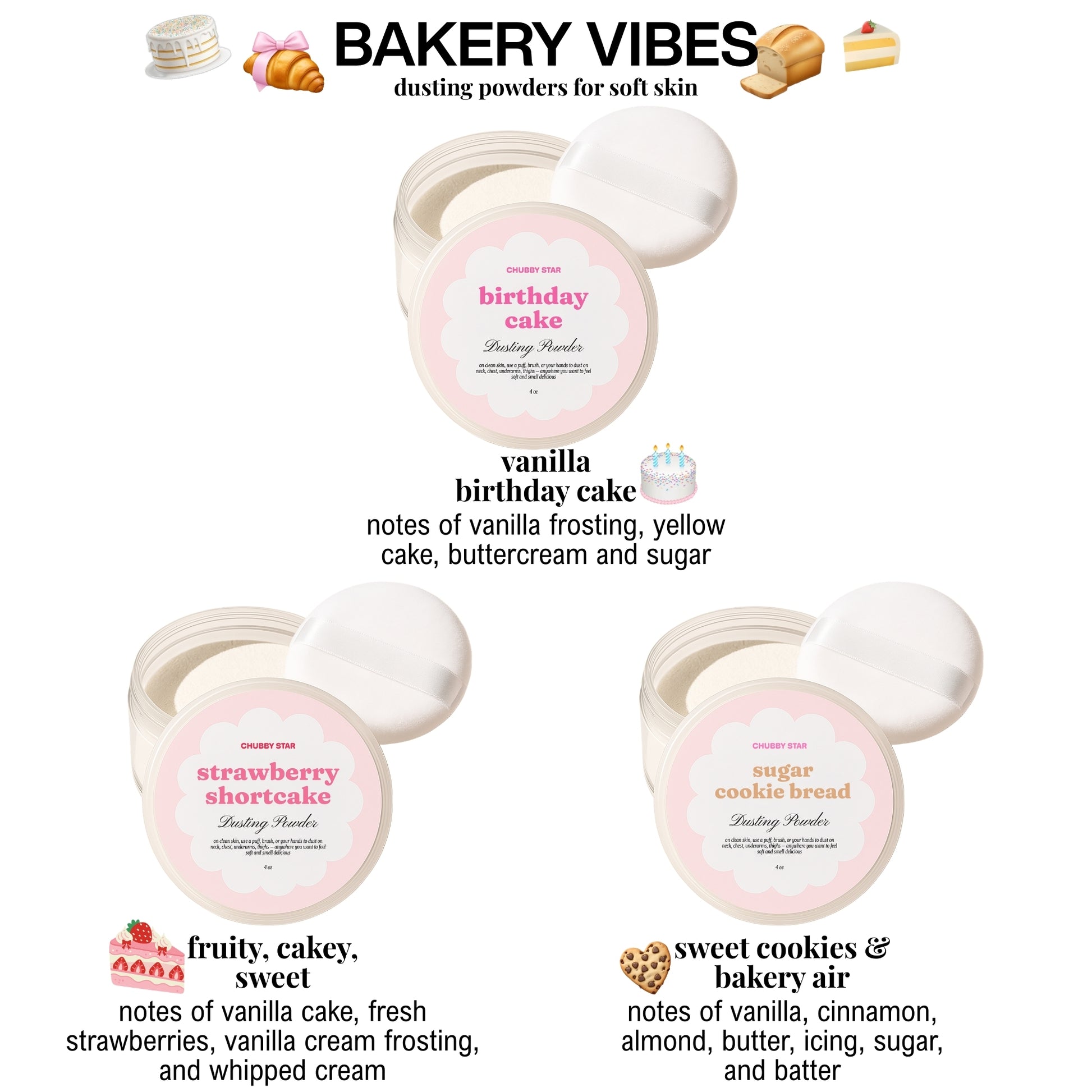 Three containers of body dusting powder with scented notes on a white background