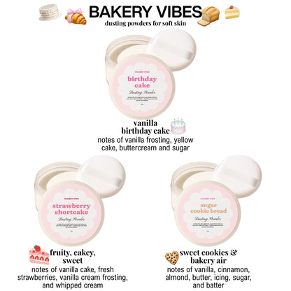 Three containers of body dusting powder with scented notes on a white background