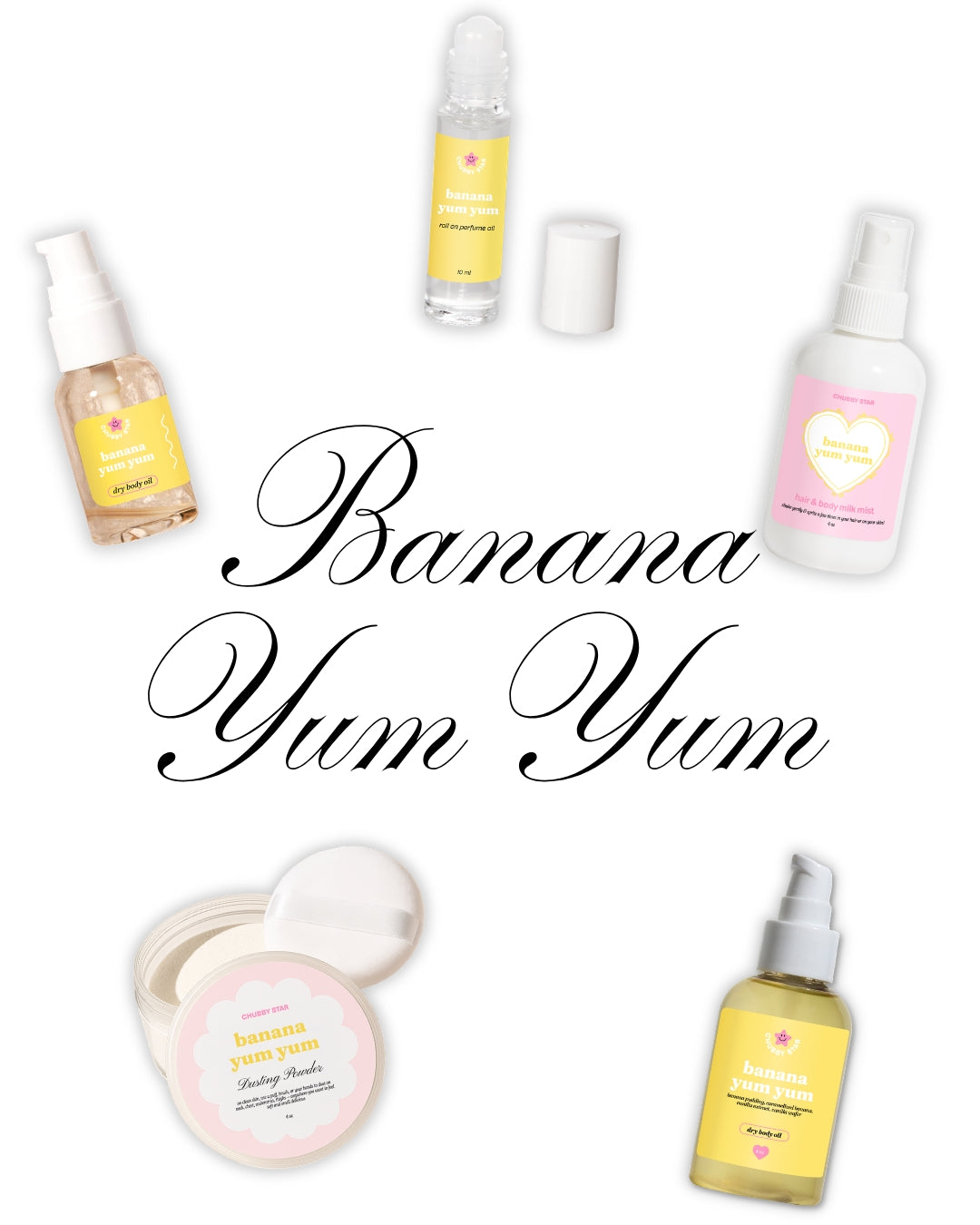 A collage showcasing different body care products such as dusting powder, body oil, body spray and perfume oil  in the scent called Banana Yum Yum