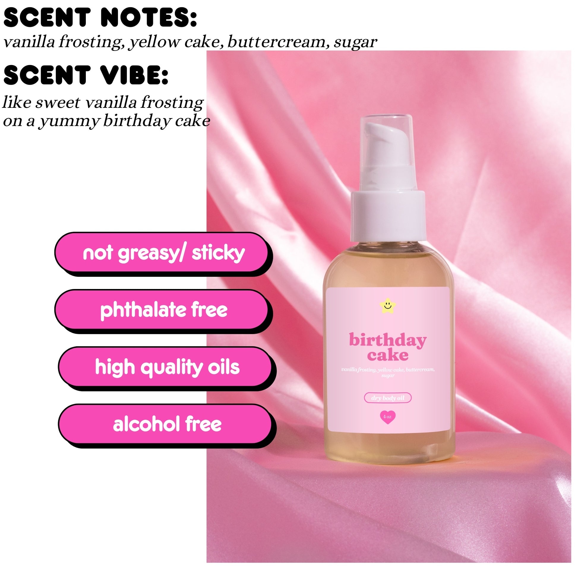 Bottle of 'birthday cake' scented product with pink label on a pink background