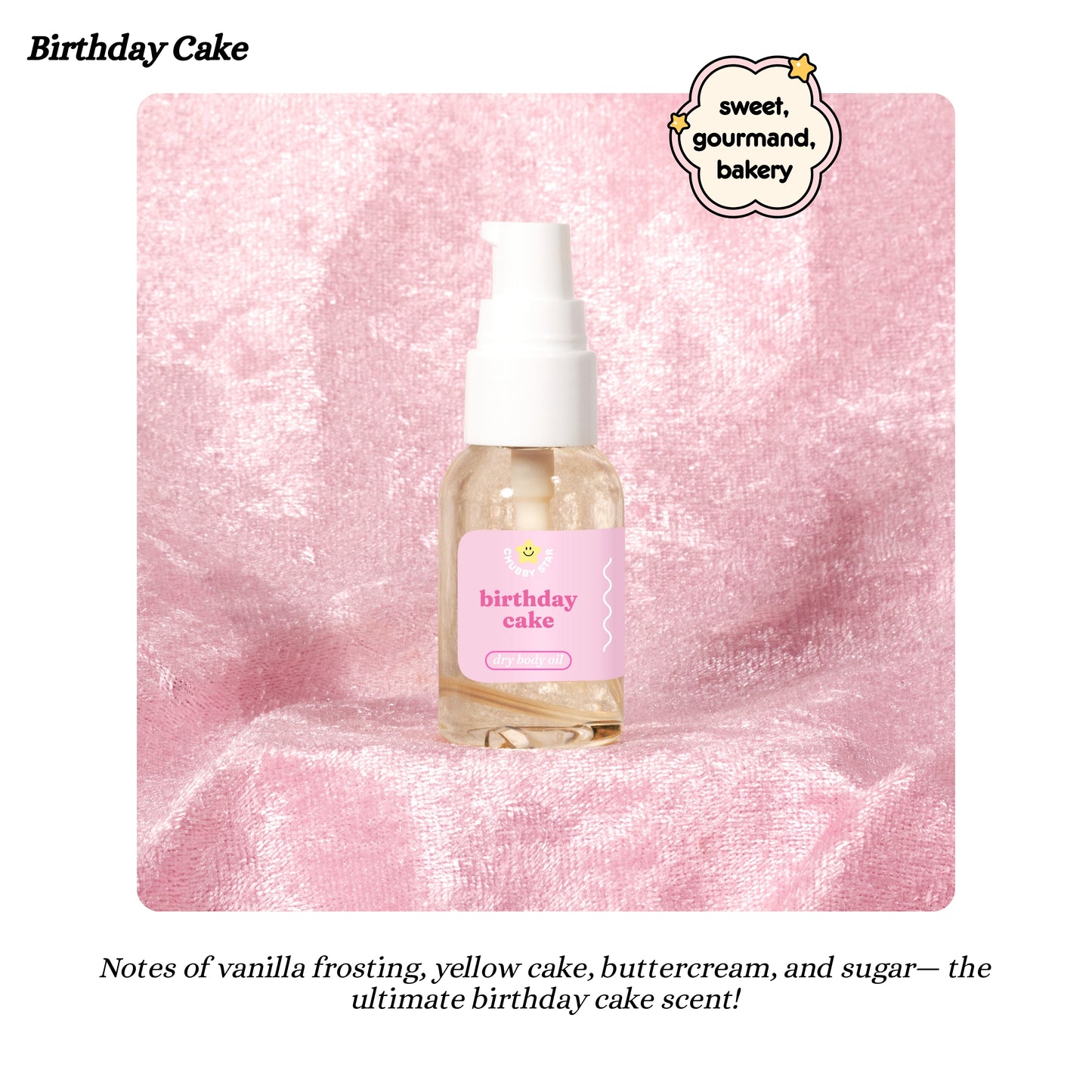 Bottle of 'Birthday Cake' travel size body oil with a pink label on a pink marble background, featuring the description 'sweet, gourmand, bakery'.