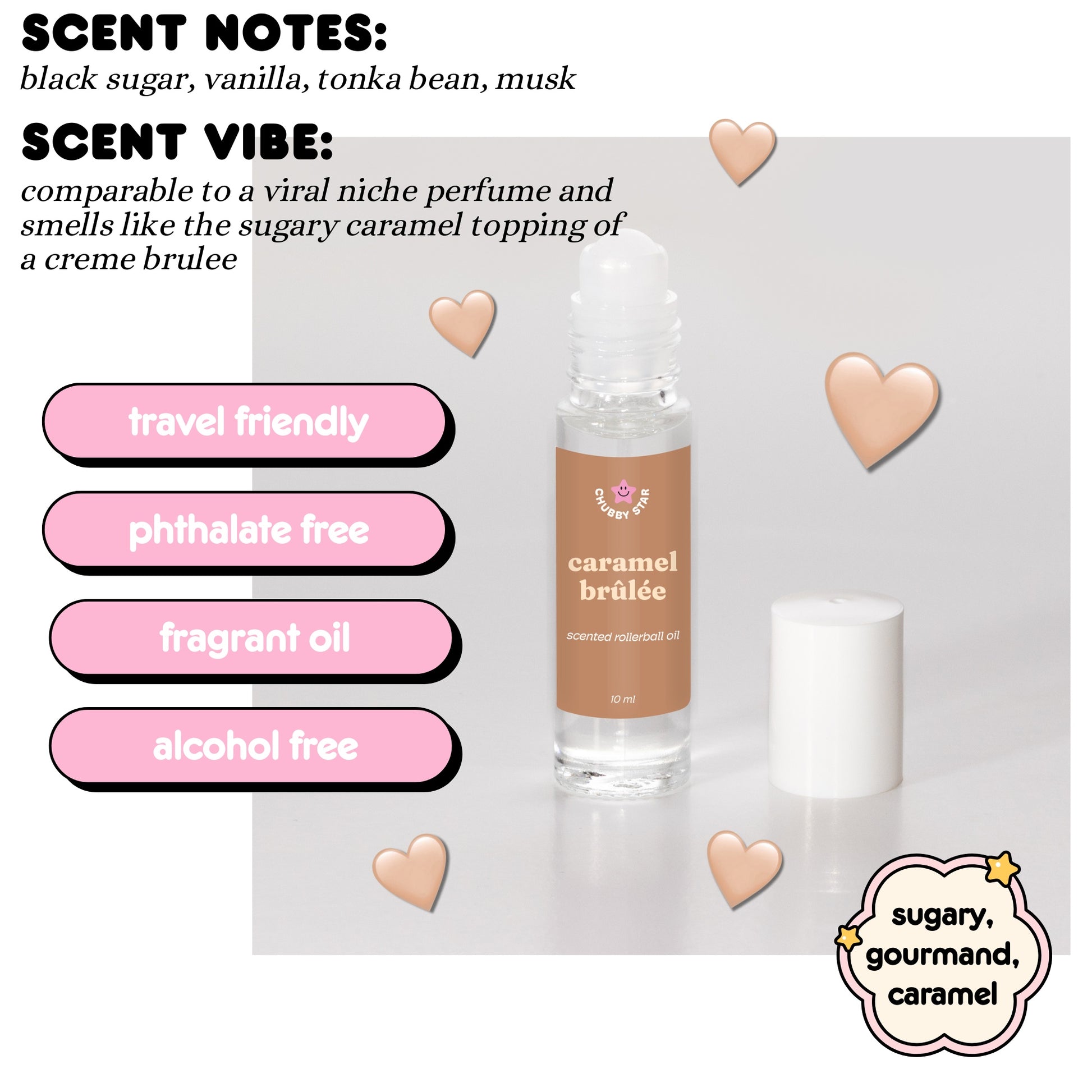 Perfume bottle labeled 'caramel brulee' with scent notes and vibe description on a light gray background.