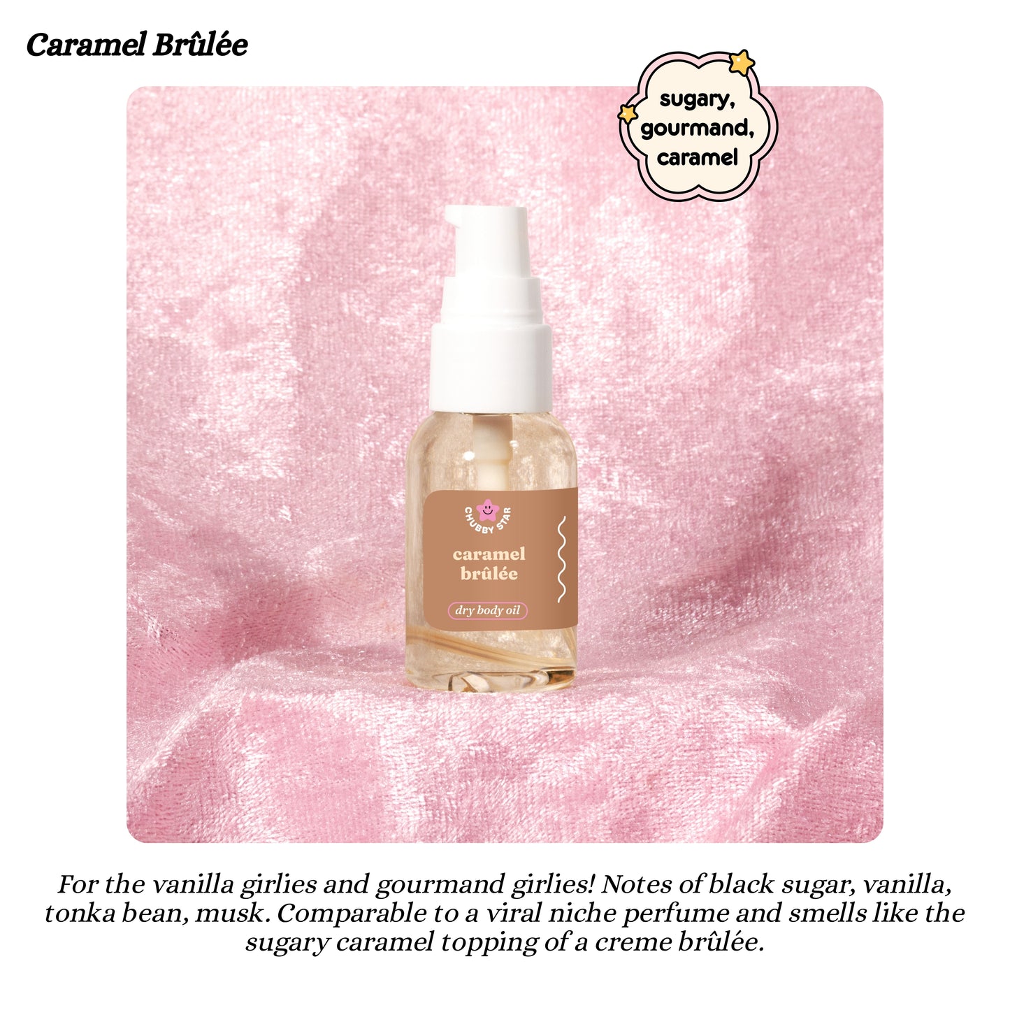 Bottle of caramel brulée dry body oil on a pink textured background
