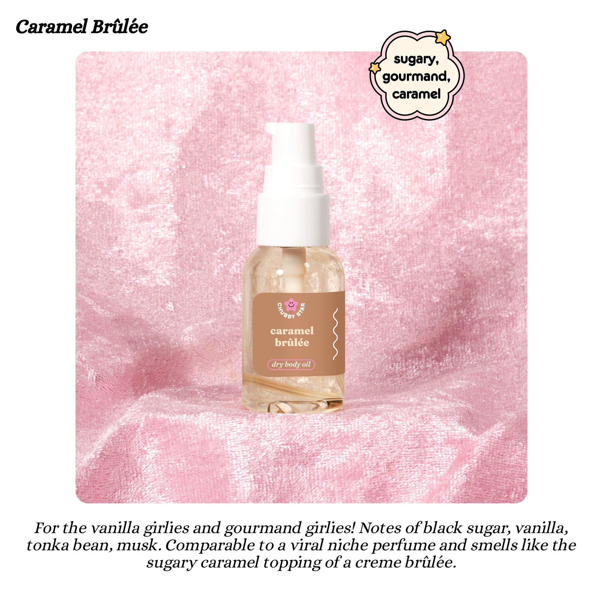 Bottle of caramel brulée dry body oil on a pink textured background