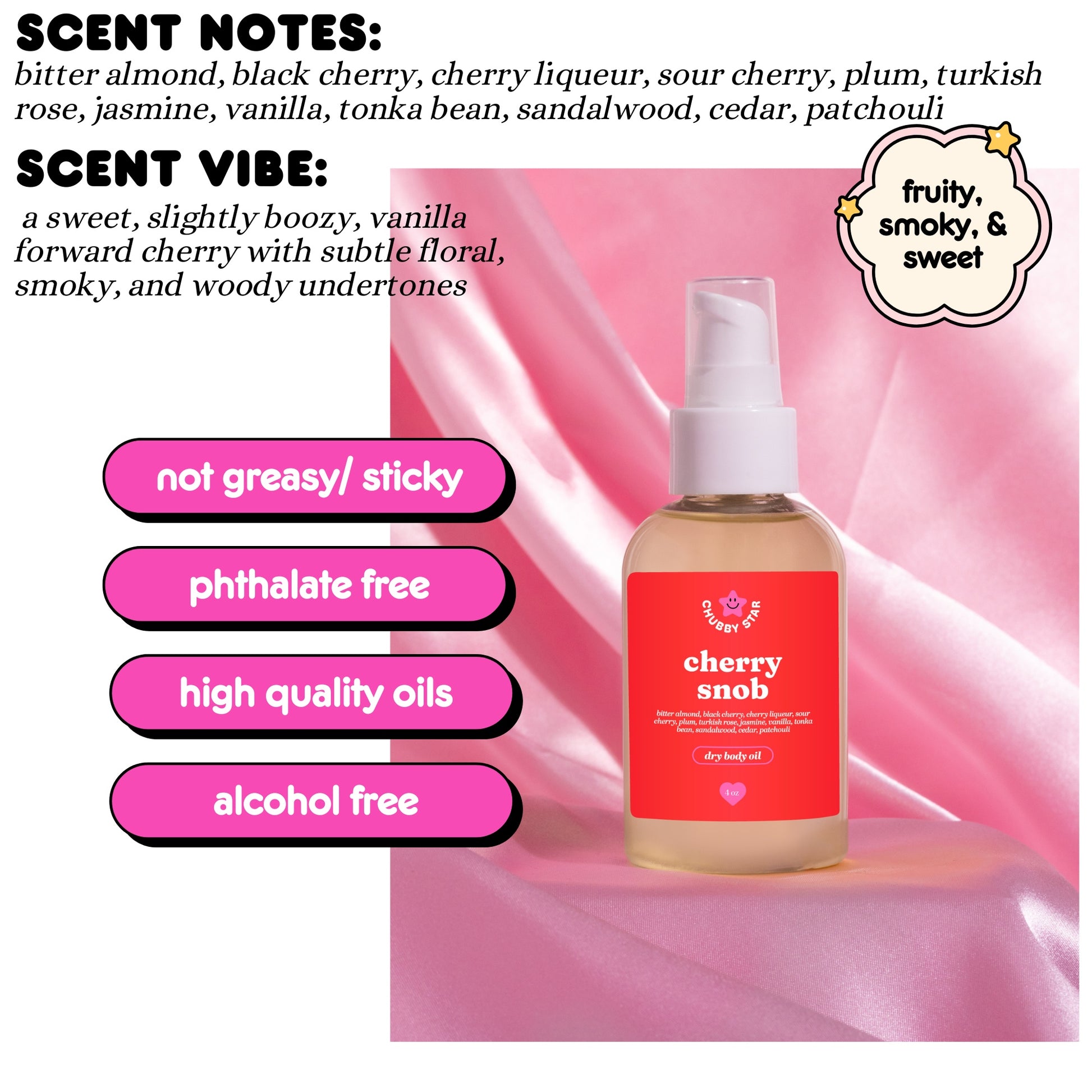 Cherry-scented product bottle with cherry snob label on a pink background