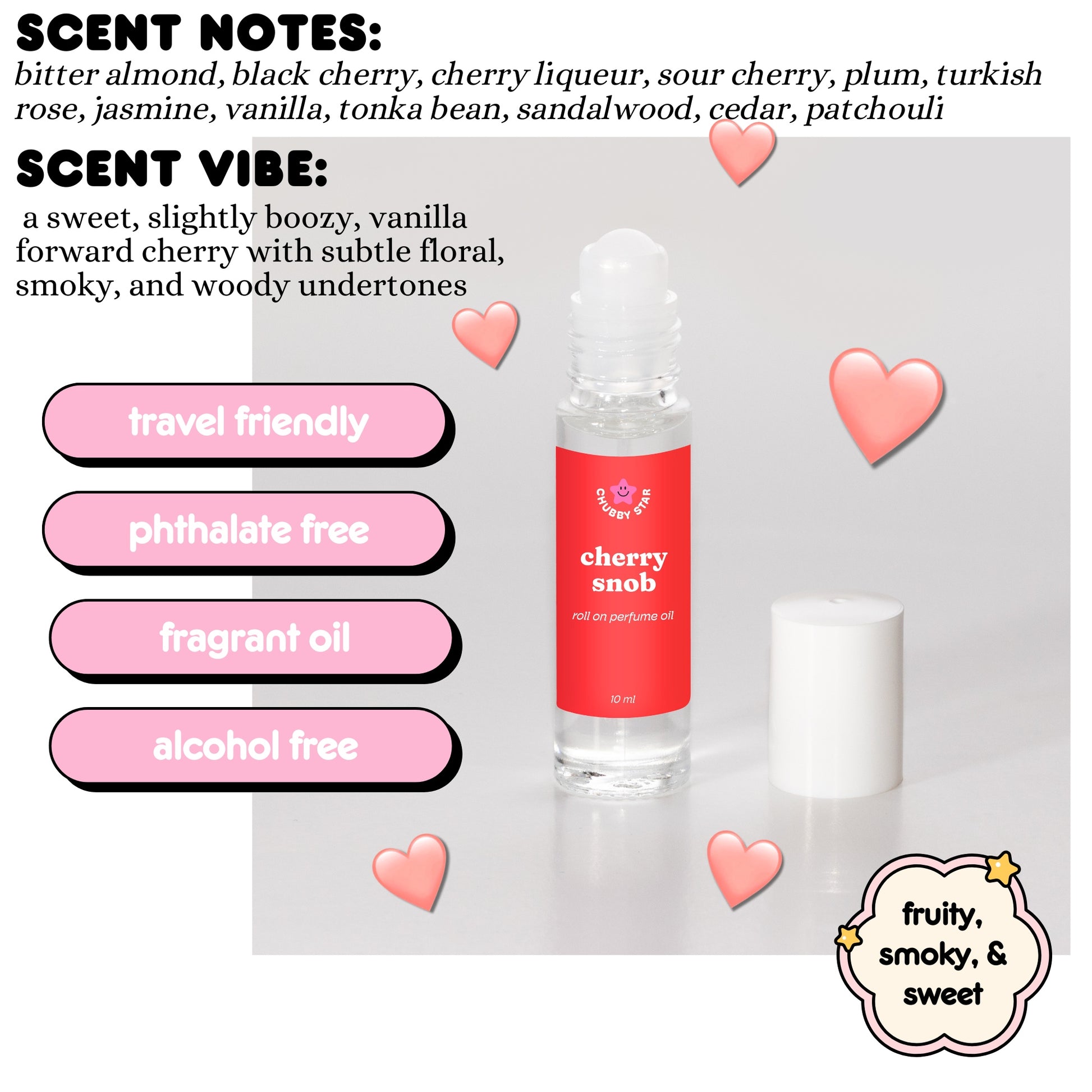 Roll-on bottle of cherry snob perfume with scent notes and vibe description on a light gray background