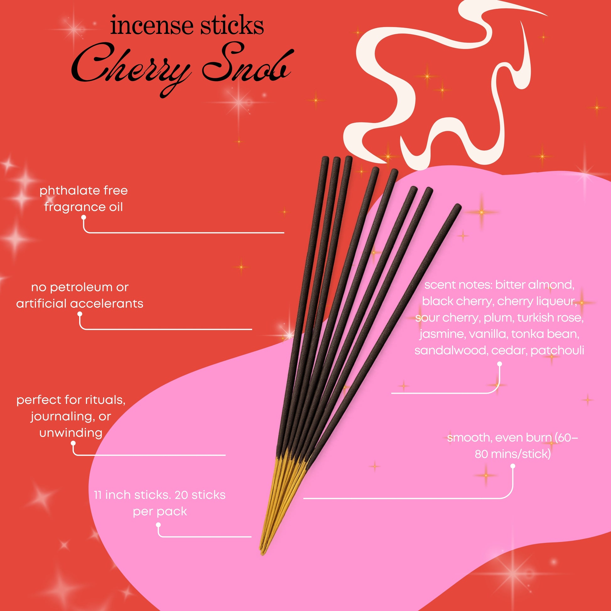 Incense sticks with product details on a red and pink background