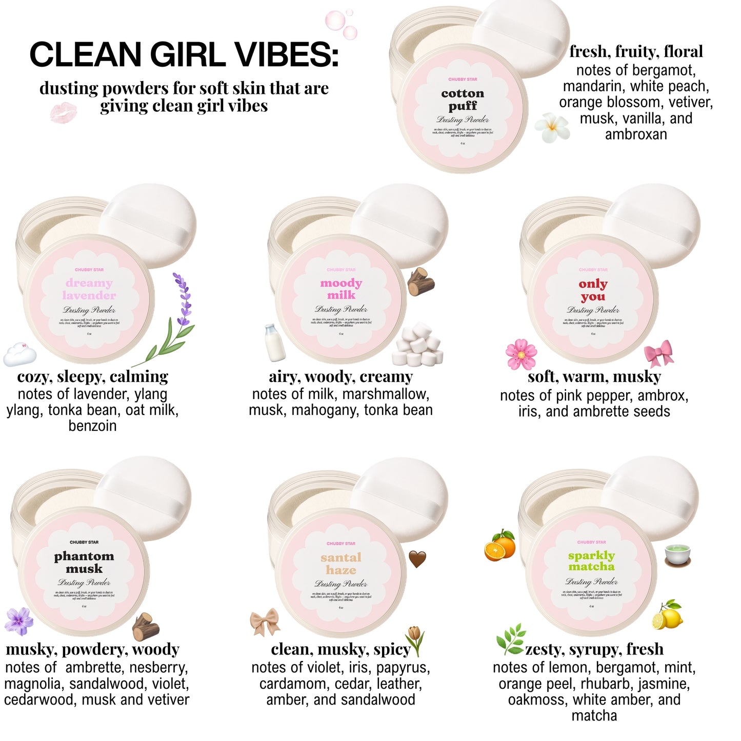 Clean girl scented dusting powders with product names and descriptions on a white background