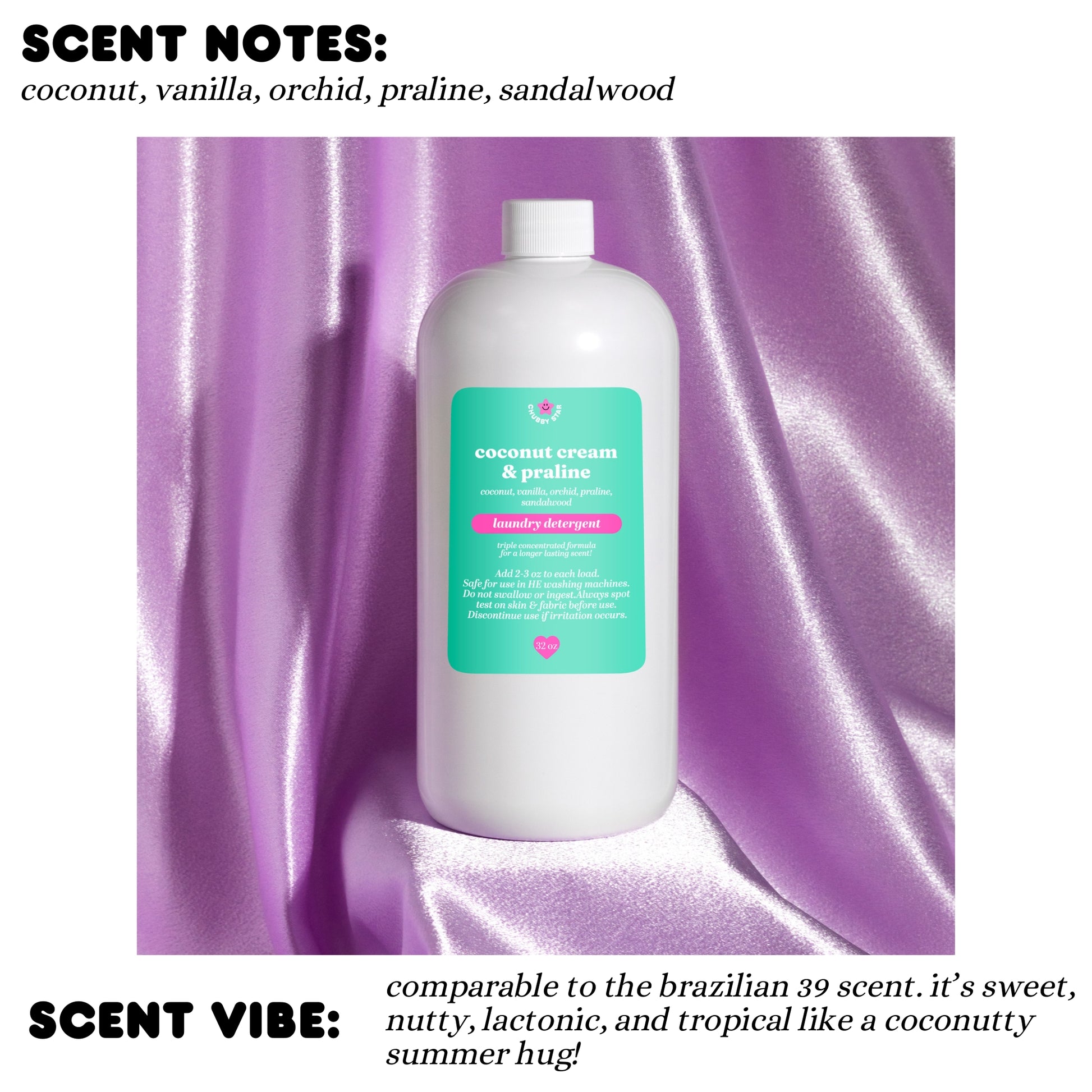 White bottle with a green label saying "coconut cream praline" on a purple fabric background, featuring scent notes and vibe description.