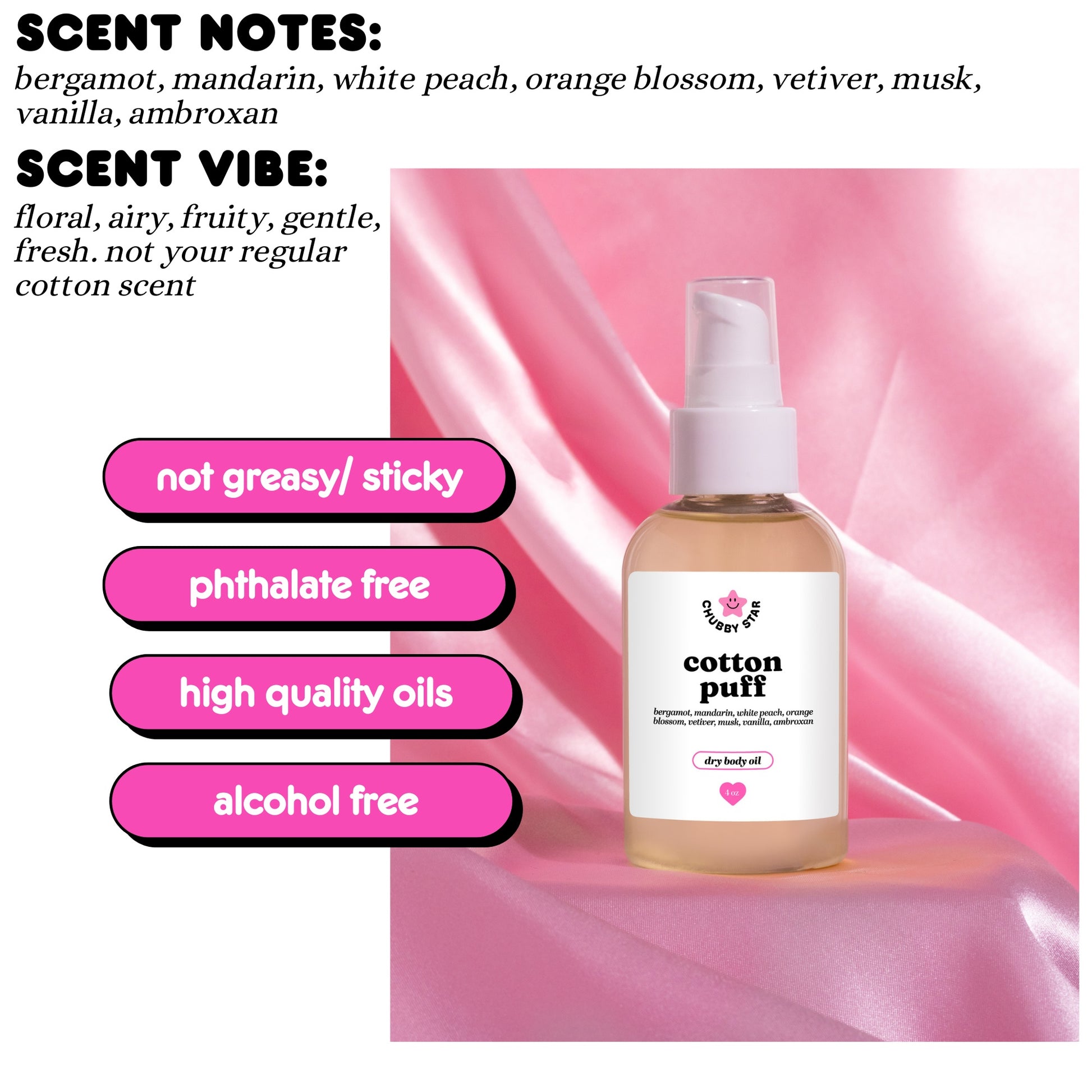 Bottle of 'cotton puff' with scent notes and benefits on a pink background