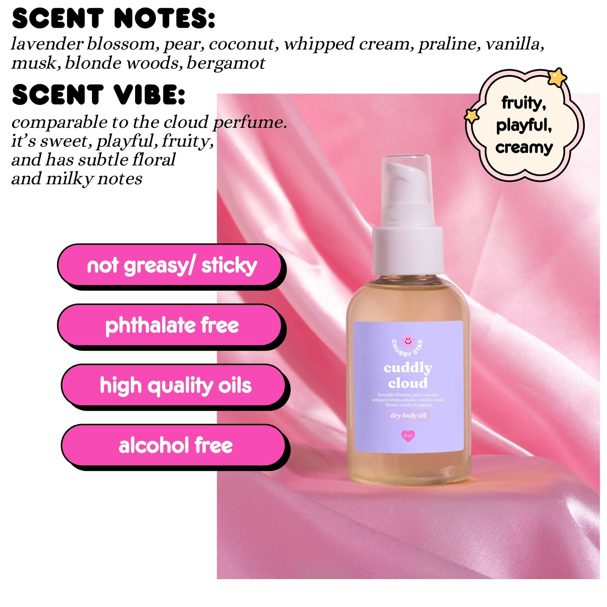 Bottle of 'cuddly cloud' product with scent notes and benefits on a pink background
