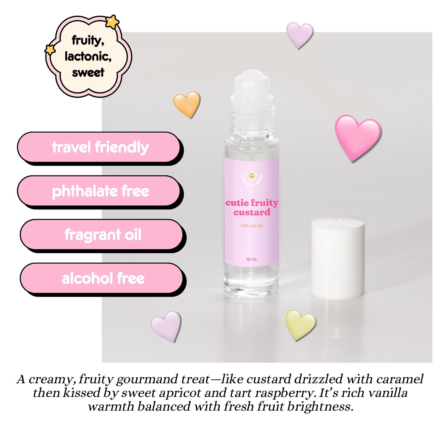 Bottle of 'cutie fruity custard' fragrance oil with text highlighting features on a light gray background - Cutie Fruity Custard smells like a dupe for glaze ecstasy perfume.