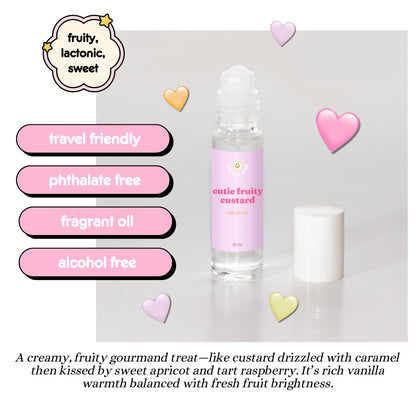 Bottle of 'cutie fruity custard' fragrance oil with text highlighting features on a light gray background - Cutie Fruity Custard smells like a dupe for glaze ecstasy perfume.