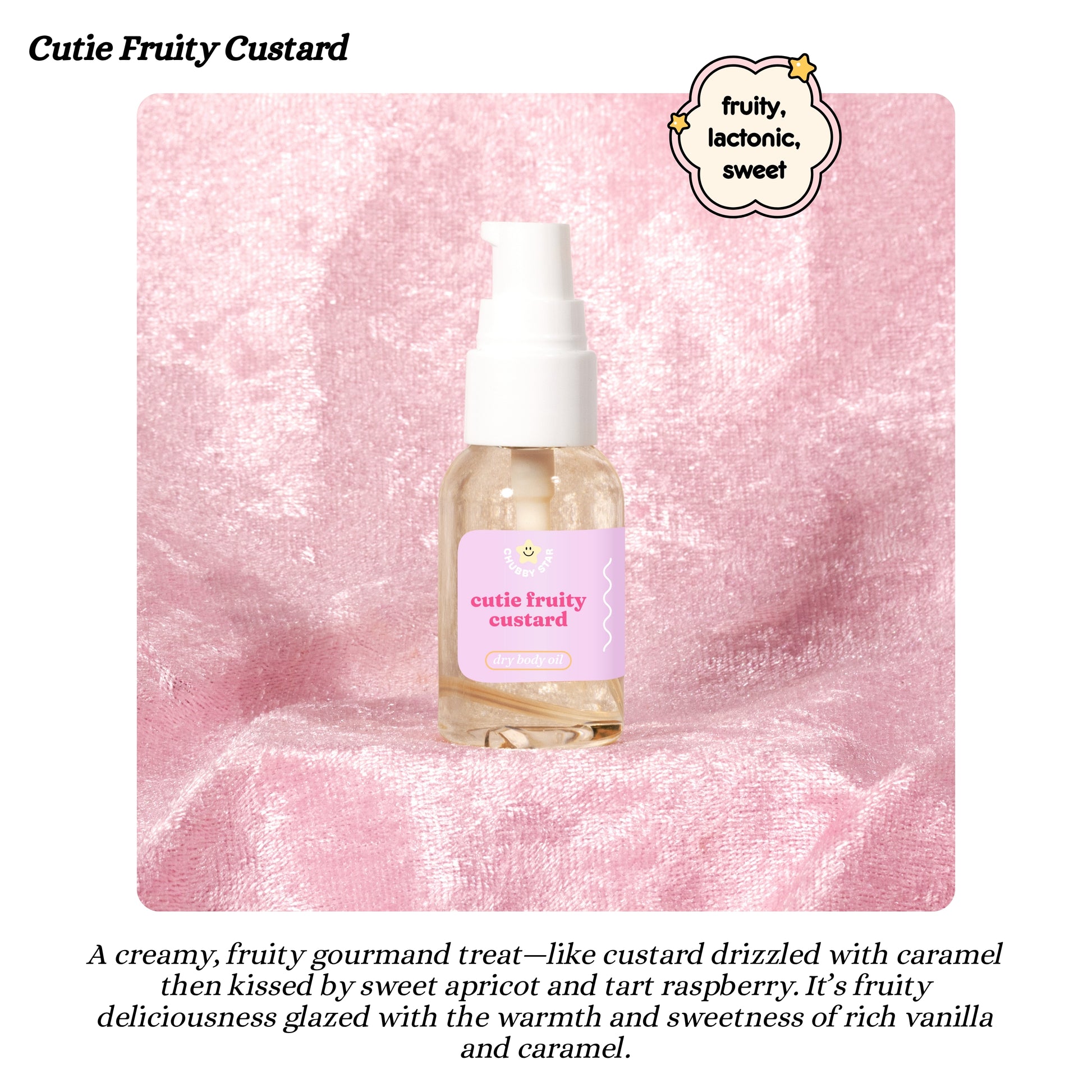 Bottle of 'Cutie Fruity Custard' body oil on a pink textured background with descriptive text.