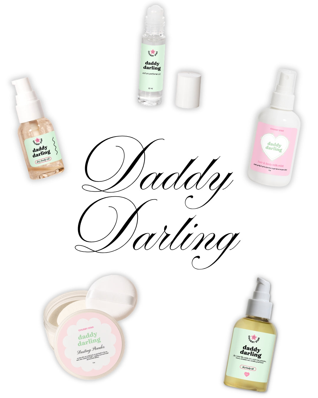 A white background photo showcasing different body care products such as dusting powder, body oil, body spray and perfume oil  in the scent called Daddy Darling inspired by Father Figure