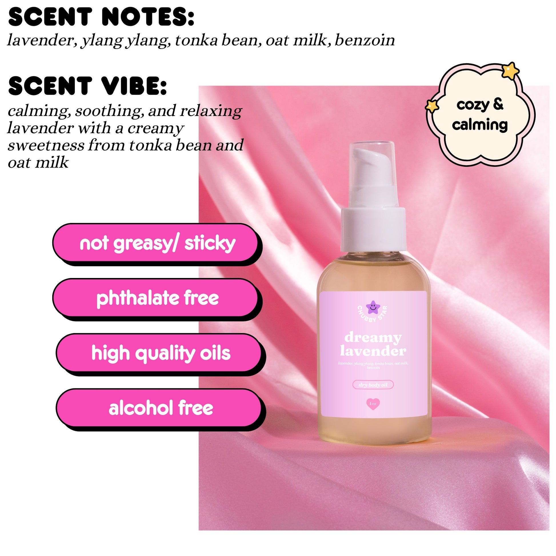 Bottle of 'dreamy lavender' with scent notes and benefits on a pink background