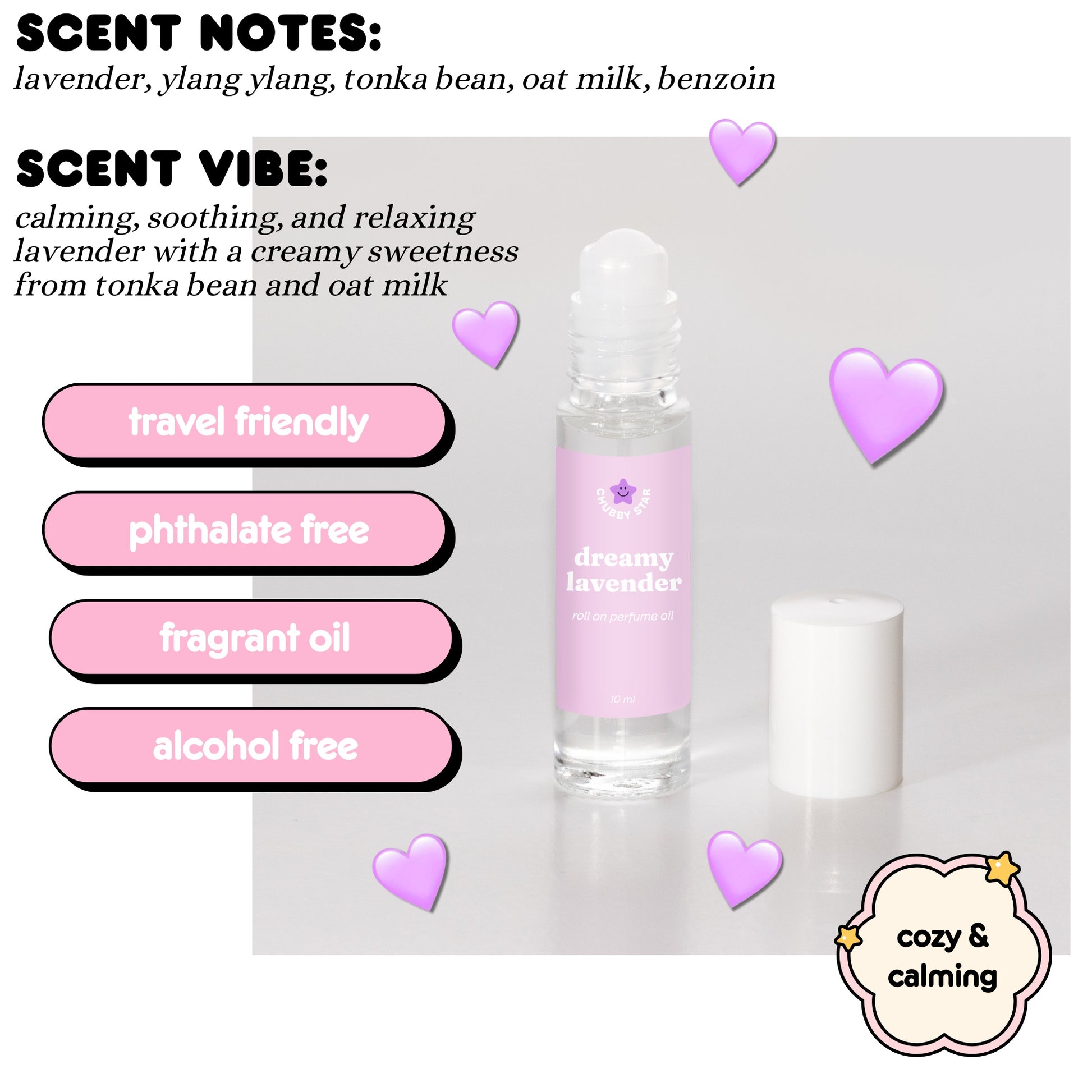 Roll-on bottle of 'dreamy lavender' with scent notes and benefits displayed on a light gray background.