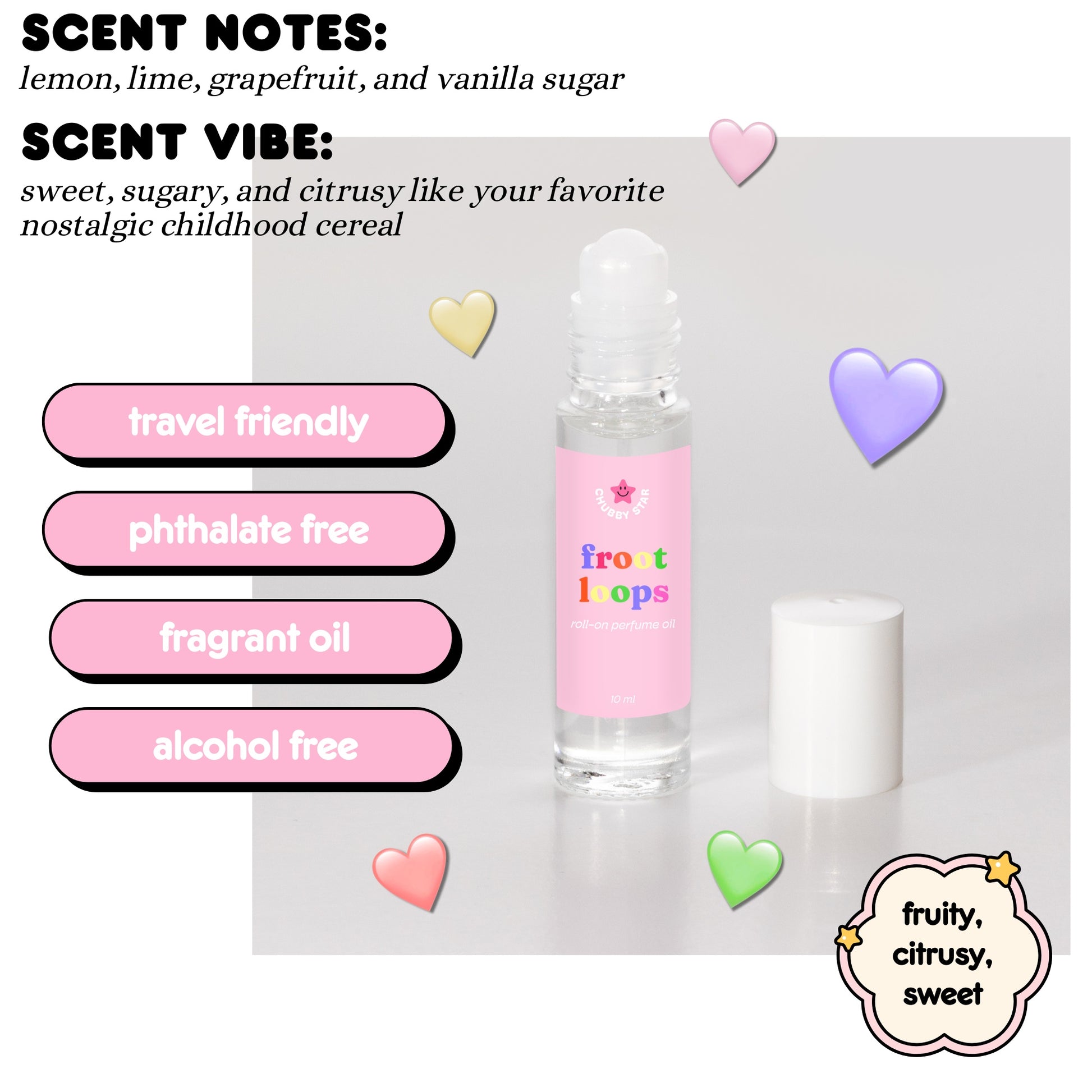 Fruit loops scent Roll-on bottle with a pink label on a light gray background, surrounded by heart and star emojis.