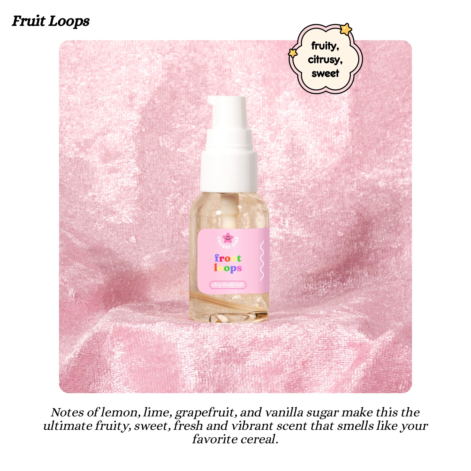 Fruit Loops-themed body oil bottle on a pink background with product description text.