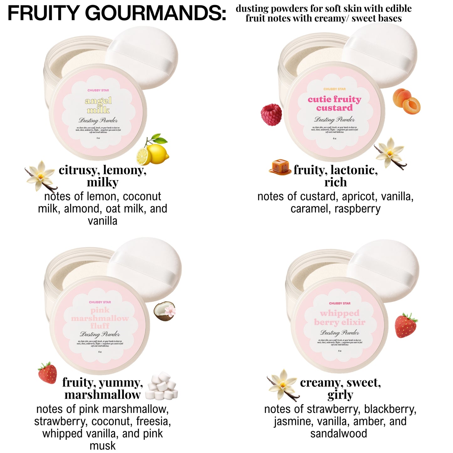Four containers of fruity gourmand dusting powders with flavor descriptions on a white background.