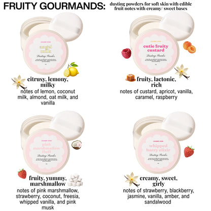 Four containers of fruity gourmand dusting powders with flavor descriptions on a white background.