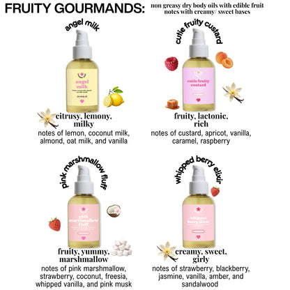 Bottles of 'Fruity Gourmands' body oils with scent descriptions on a white background