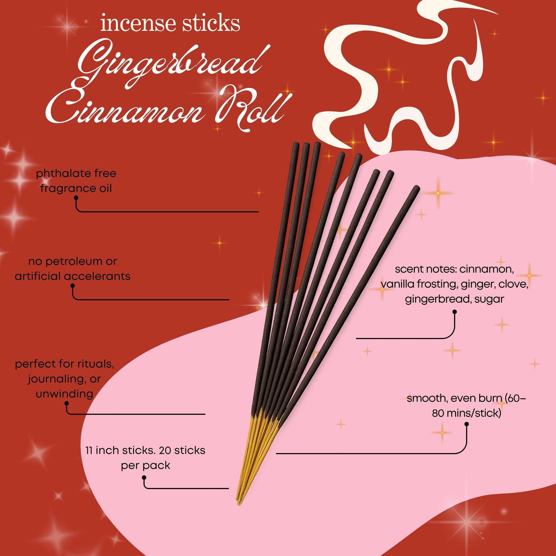 Incense sticks with gingerbread cinnamon roll fragrance on a red and pink background