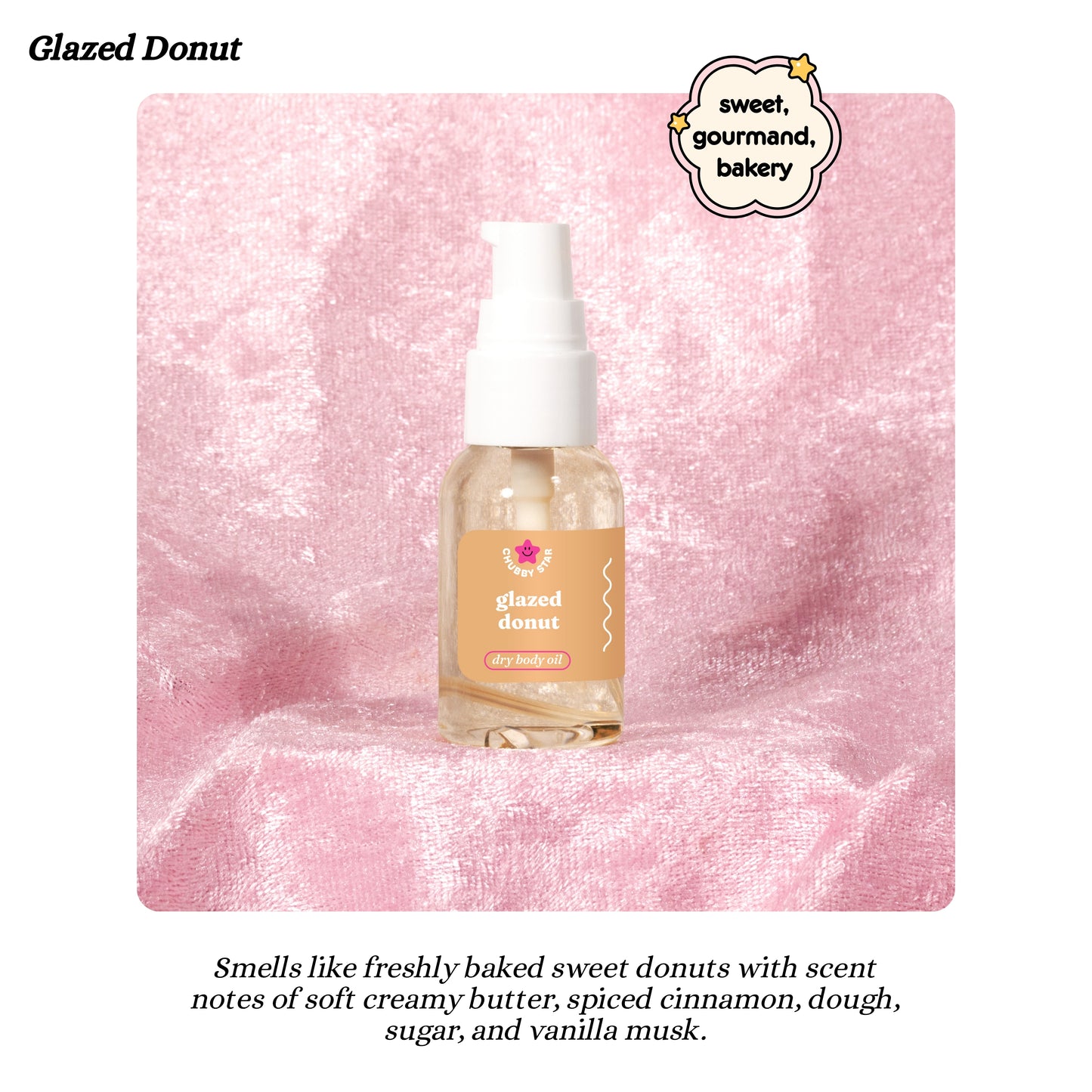 Bottle of 'Glazed Donut' body oil on a pink marble background with a brand logo.